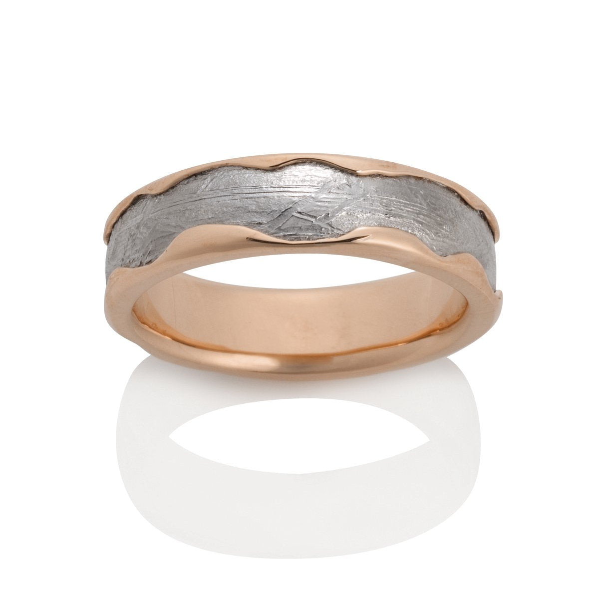 Rose gold ring with a textured, pattern on a white background