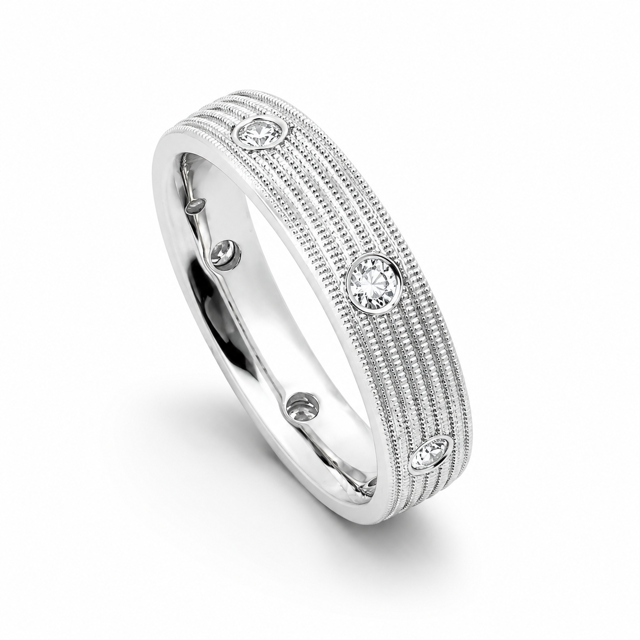 Modern Electrum Ring with Milgrain Rows and 7 Natural Diamonds