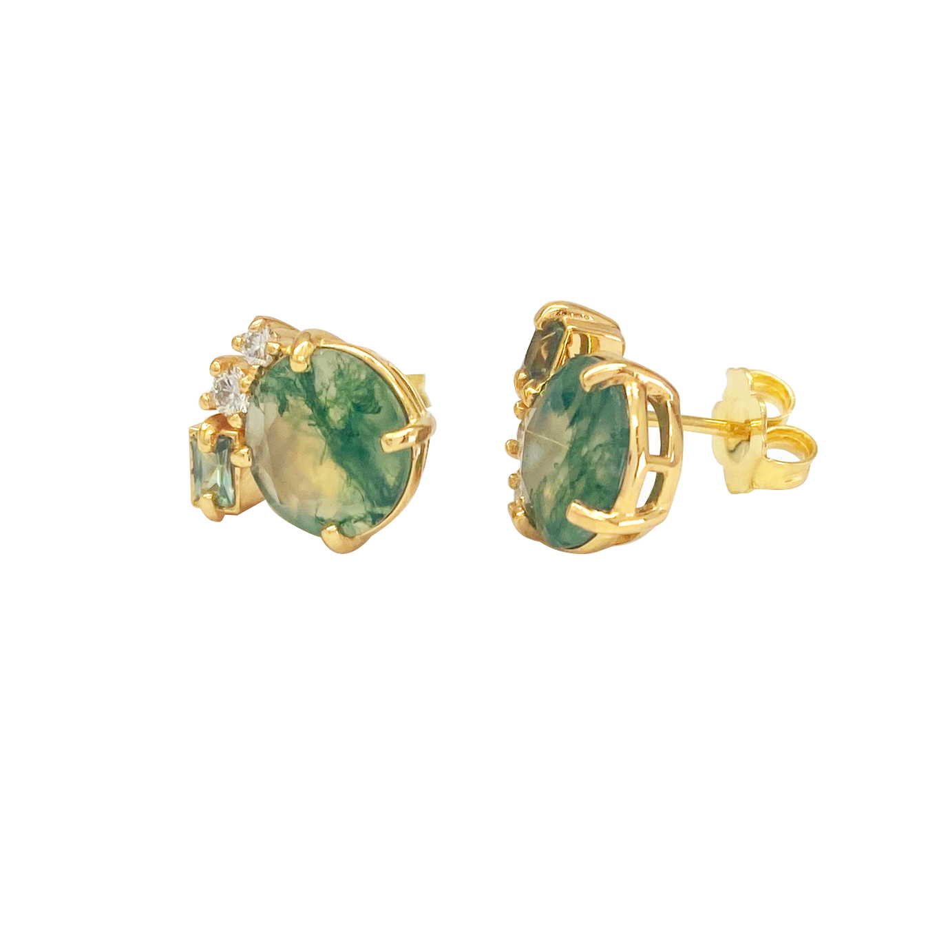 Pair of gold stud earrings featuring oval-shaped green moss agate gemstones, accented with smaller diamonds and green rectangular stones. The earrings are displayed against a white background.