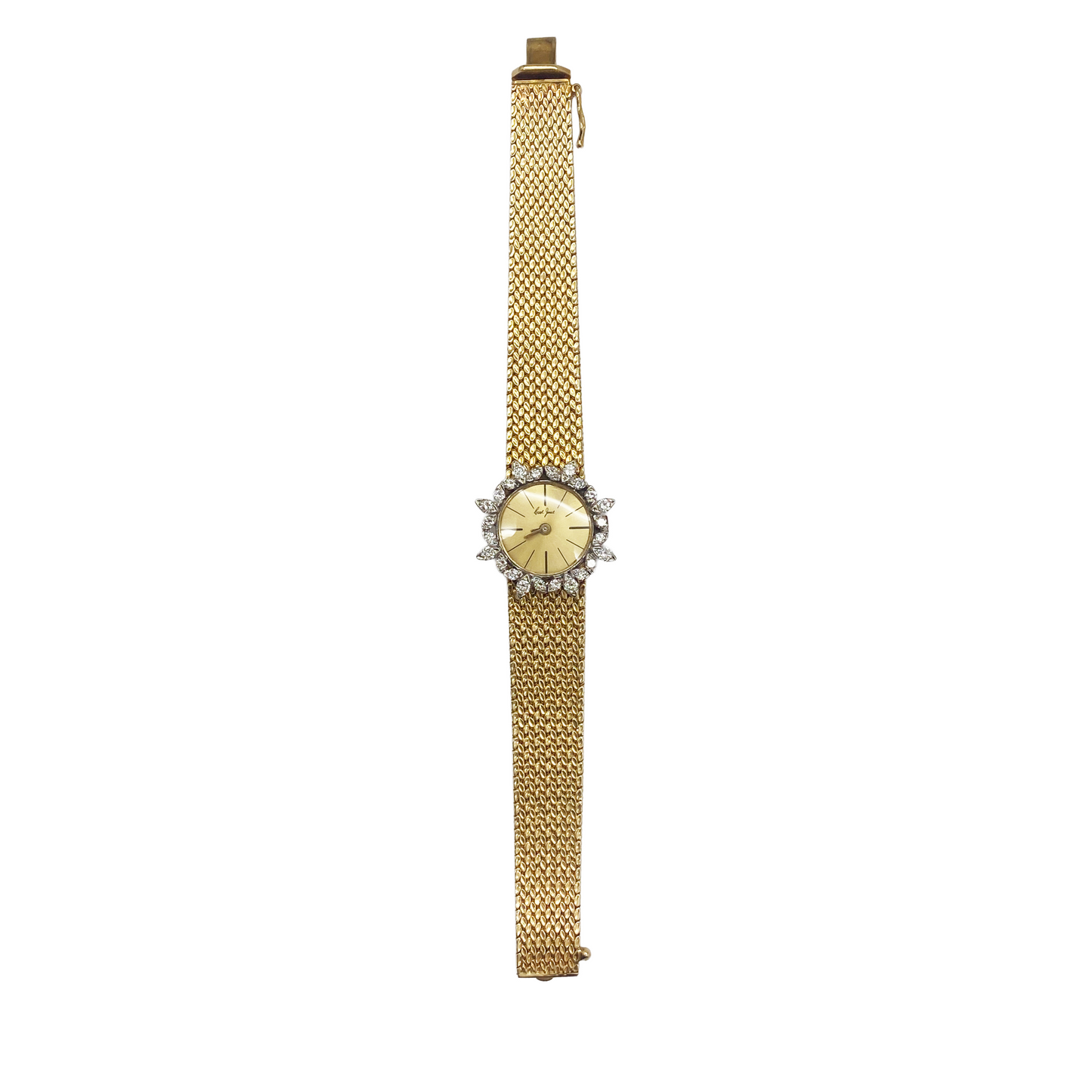 Gold watch with a mesh band on a white background