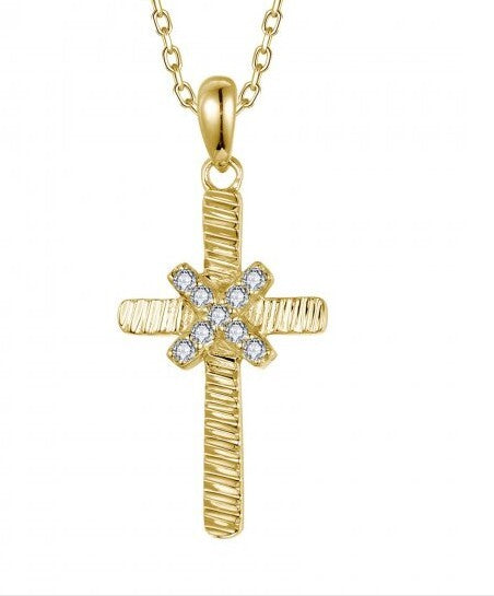 Gold cross pendant with diamond accents on a white background