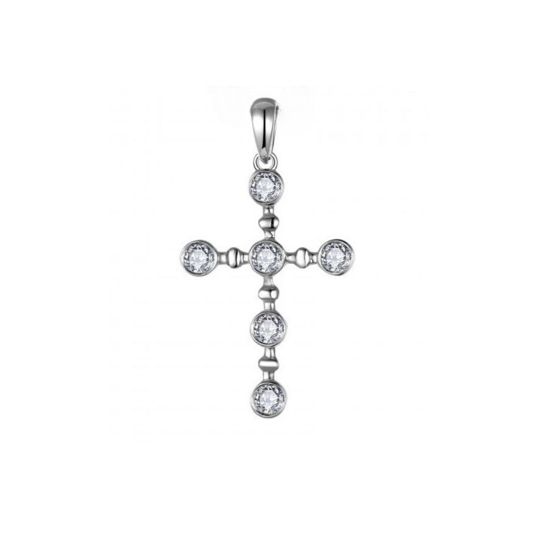 Silver cross pendant with embedded diamonds on a white background