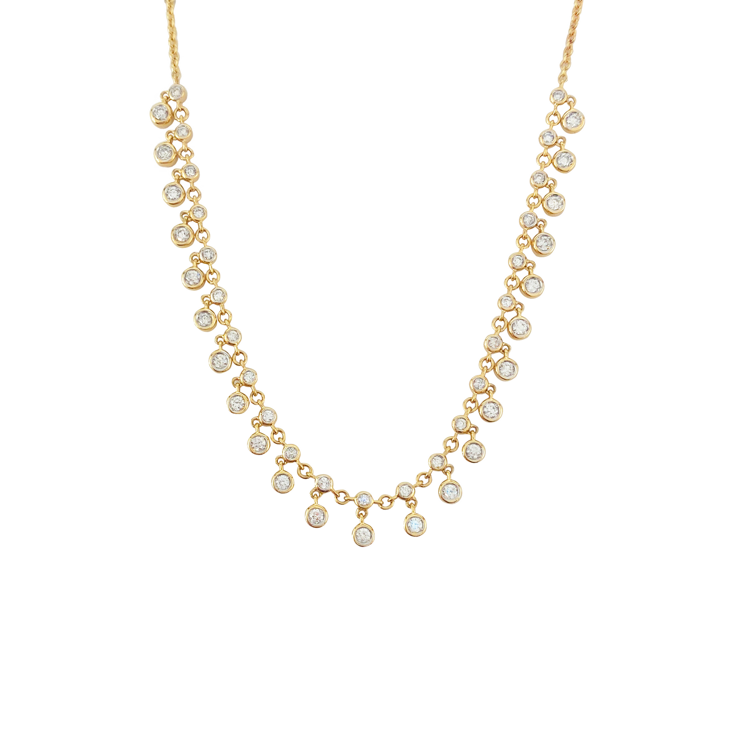 Gold necklace with a teardrop design of diamonds, on a white background.