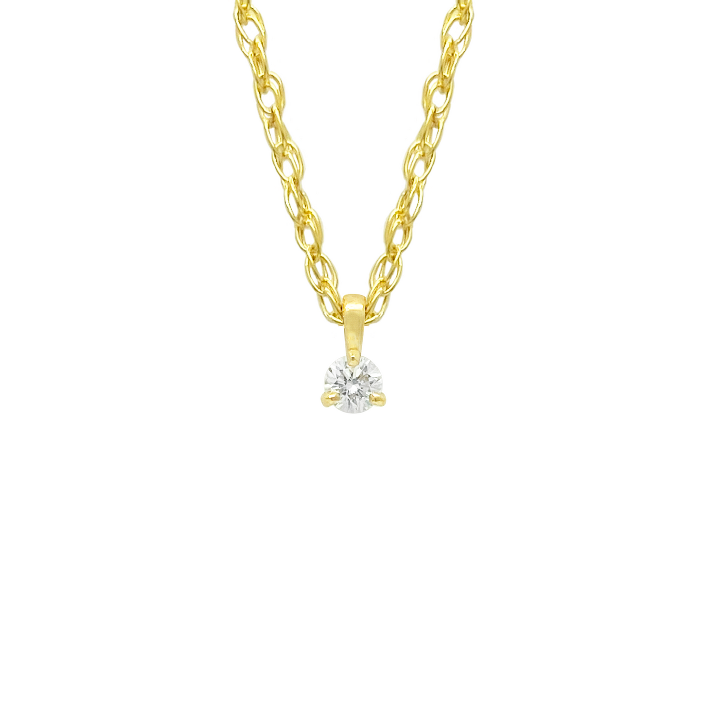 Gold necklace with a single diamond pendant. The background is white.