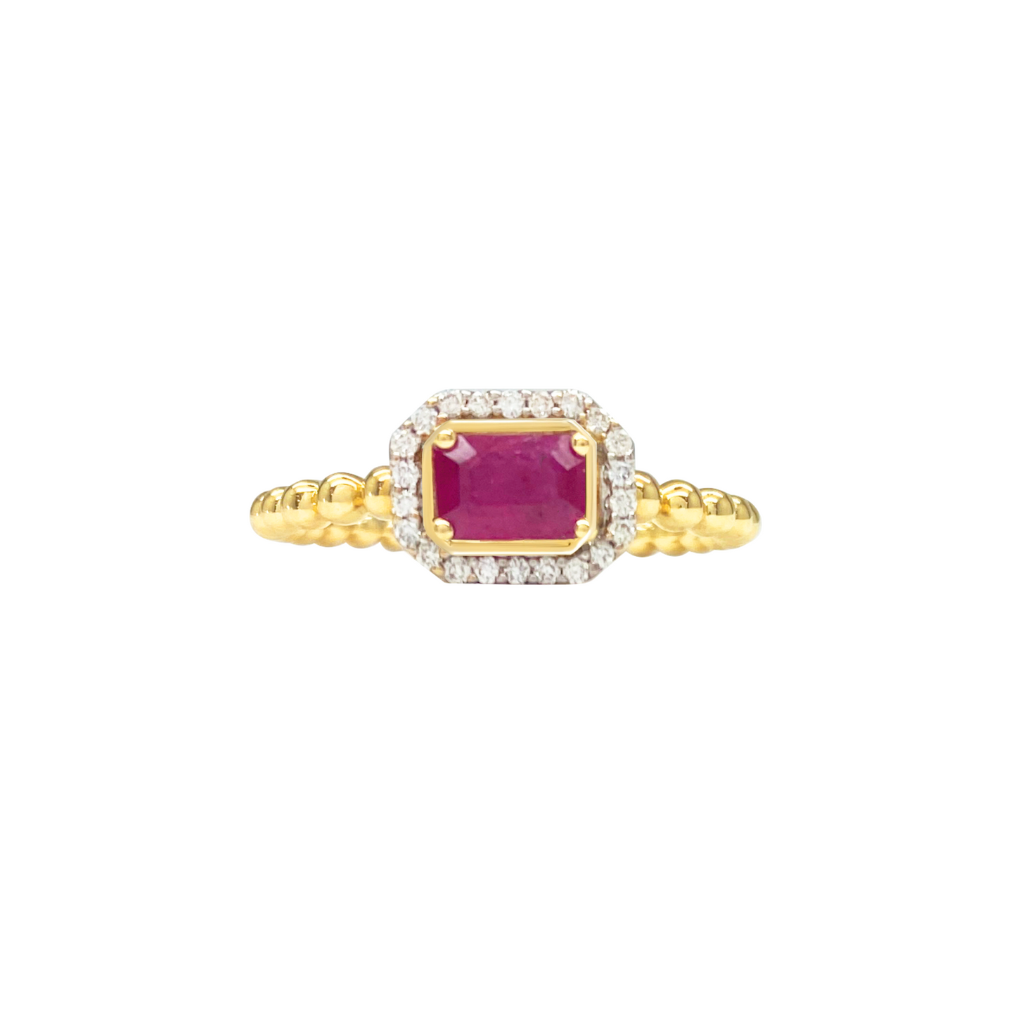 Gold ring with a pink gemstone on a white background