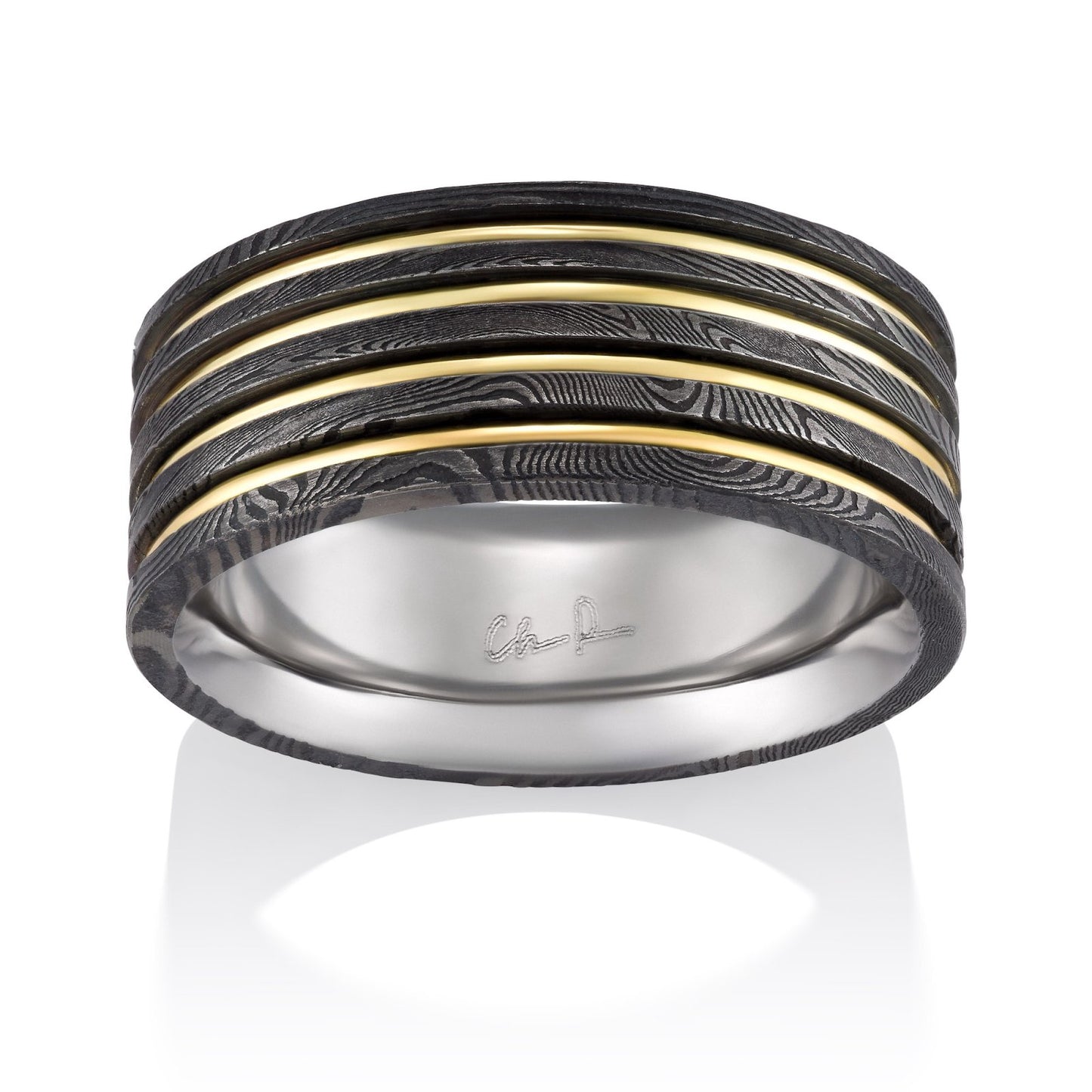 Stainless steel ring with a Damascus steel pattern and gold inlay, on a white background.