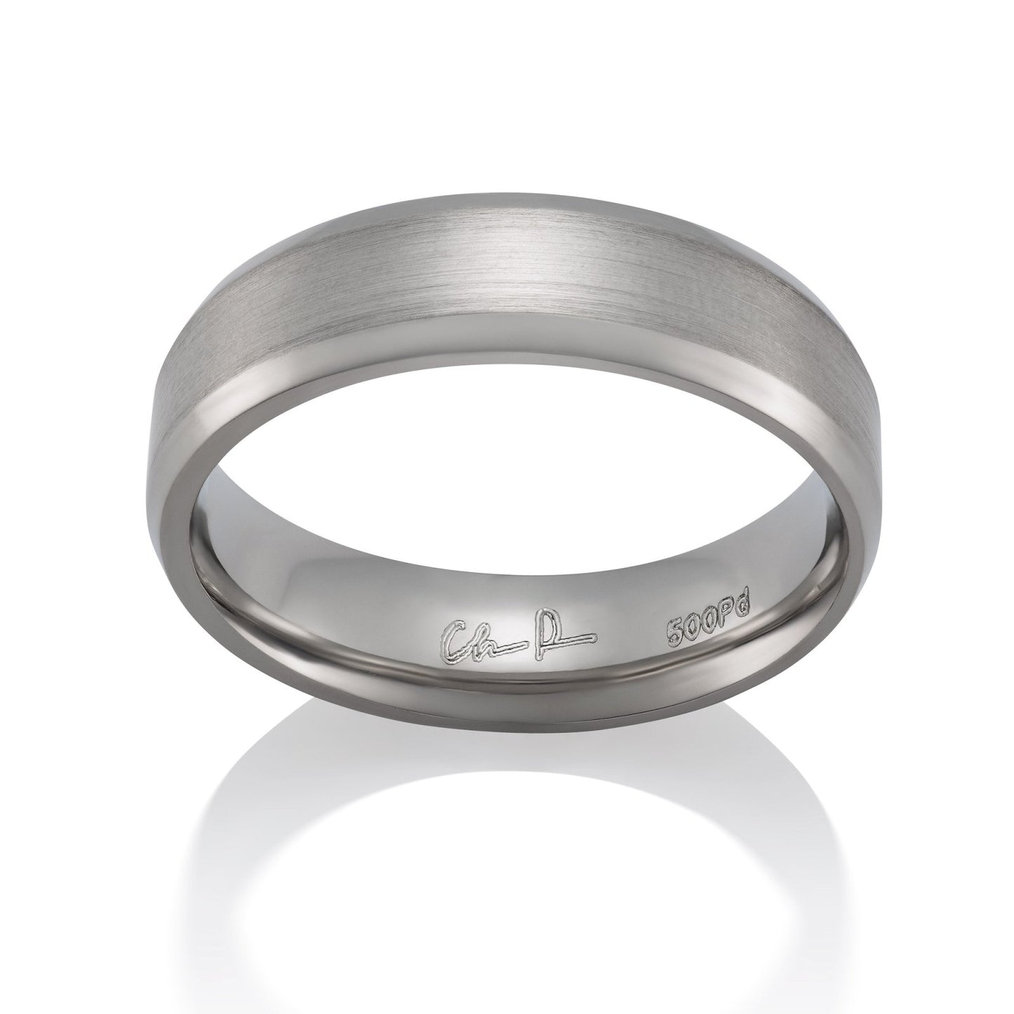 Silver wedding band with a brushed finish, on a white background.