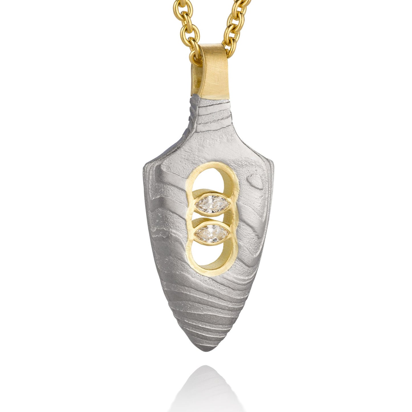 Gold shield-shaped Damascus necklace on a white background.