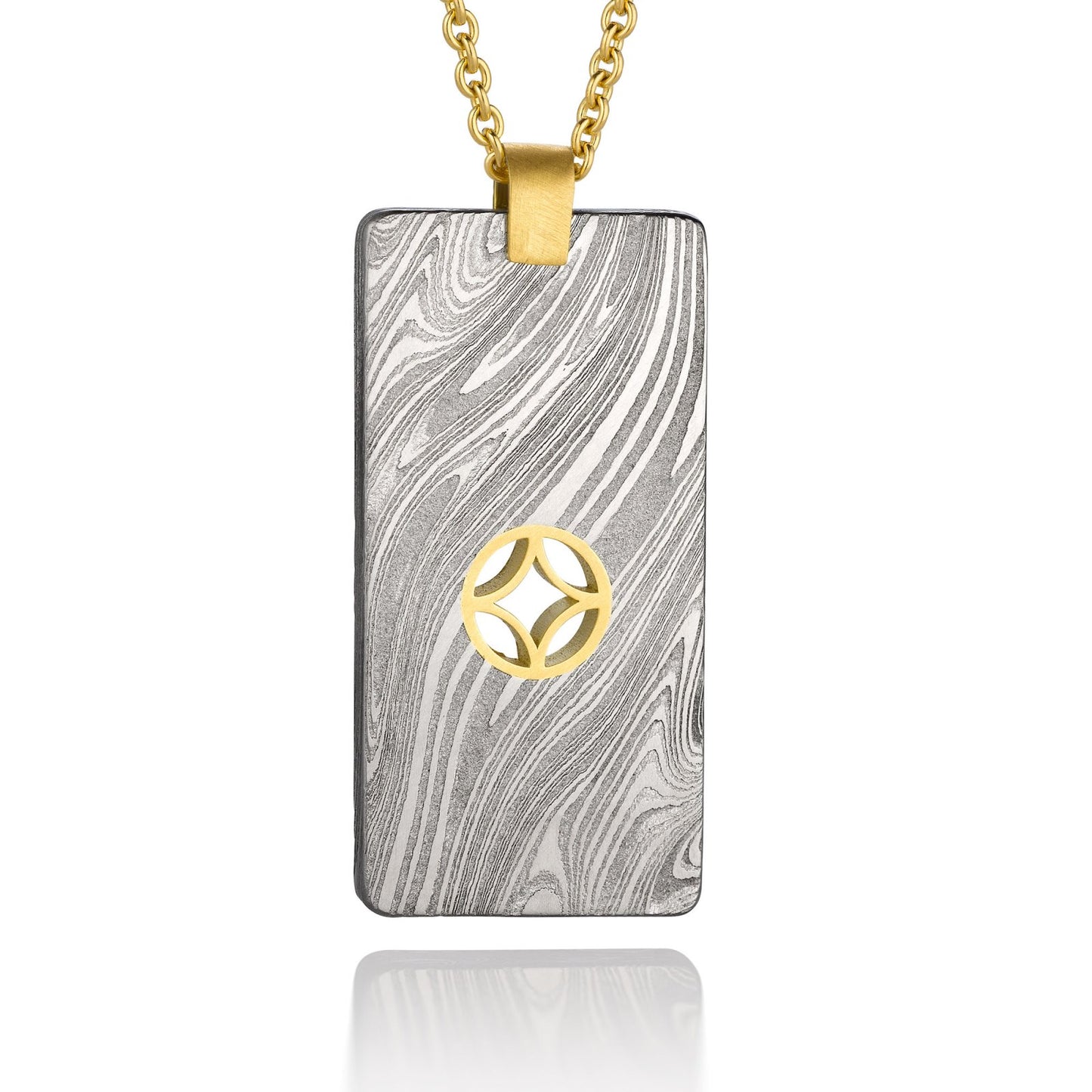 Gold shield-shaped Damascus necklace on a white background.