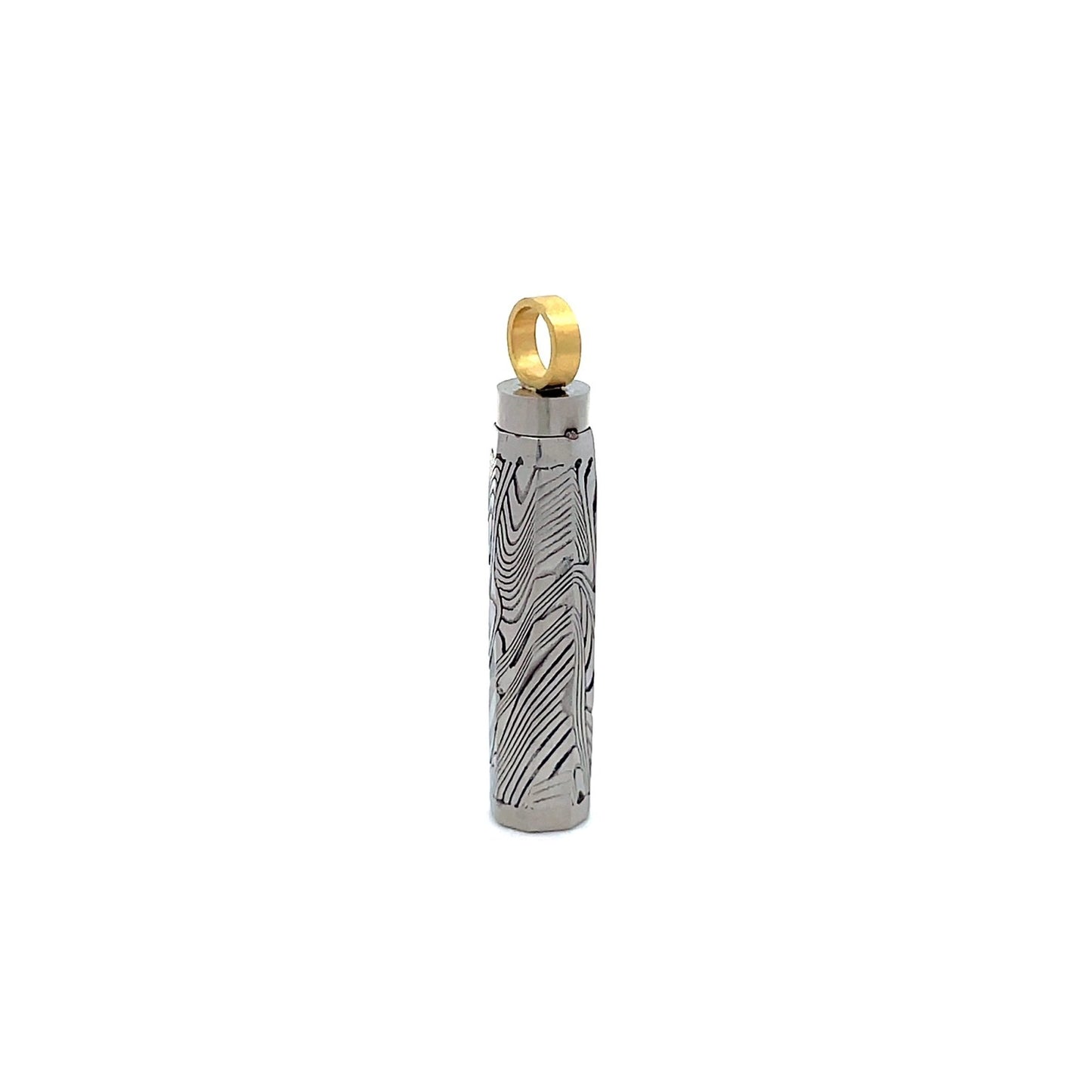 Silver Damascus steel pattern pendant, on a white background.