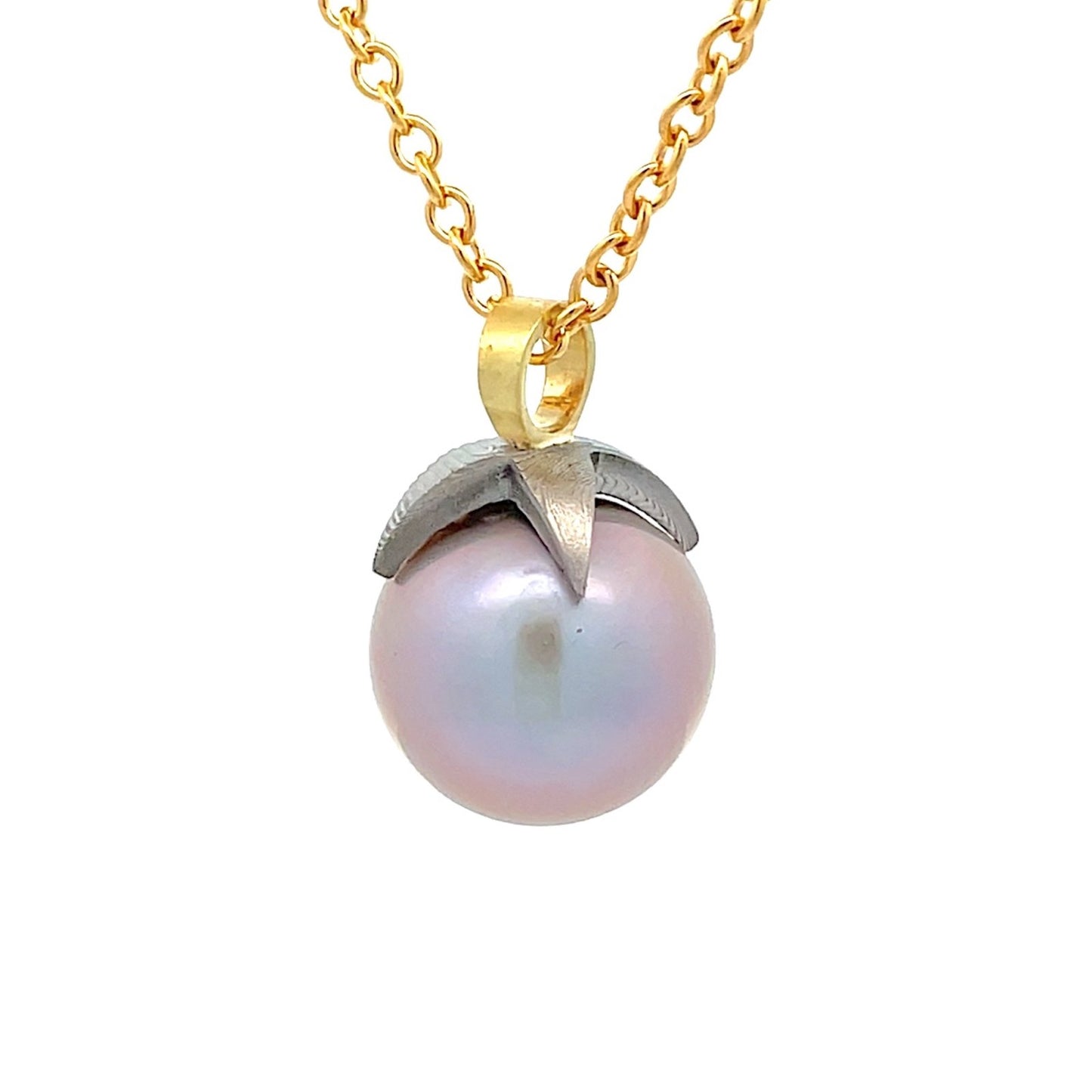 Gold chain necklace with a pink pearl pendant on a white background.