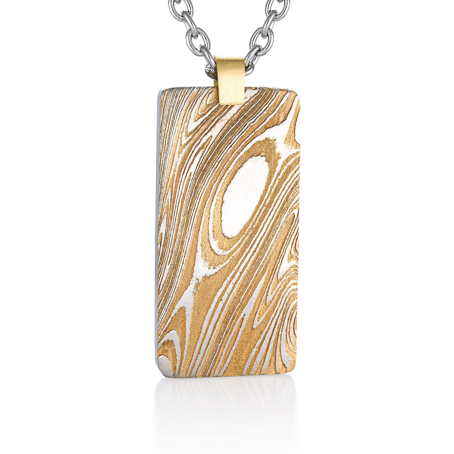 Rectangular pendant with a swirling, Damascus steel pattern in shades of gold and silver, hanging on a silver chain, on a white background.