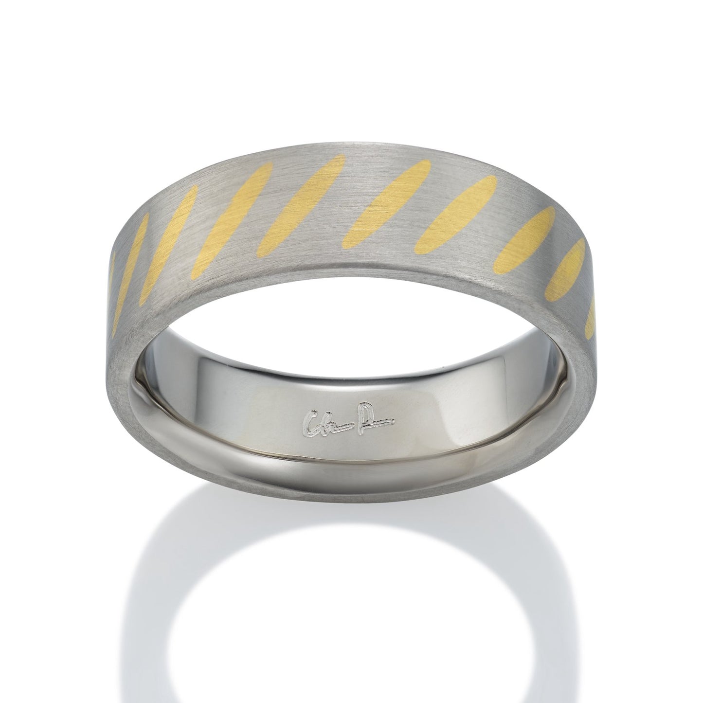 Two-tone silver and gold ring with a striped pattern on a white background
