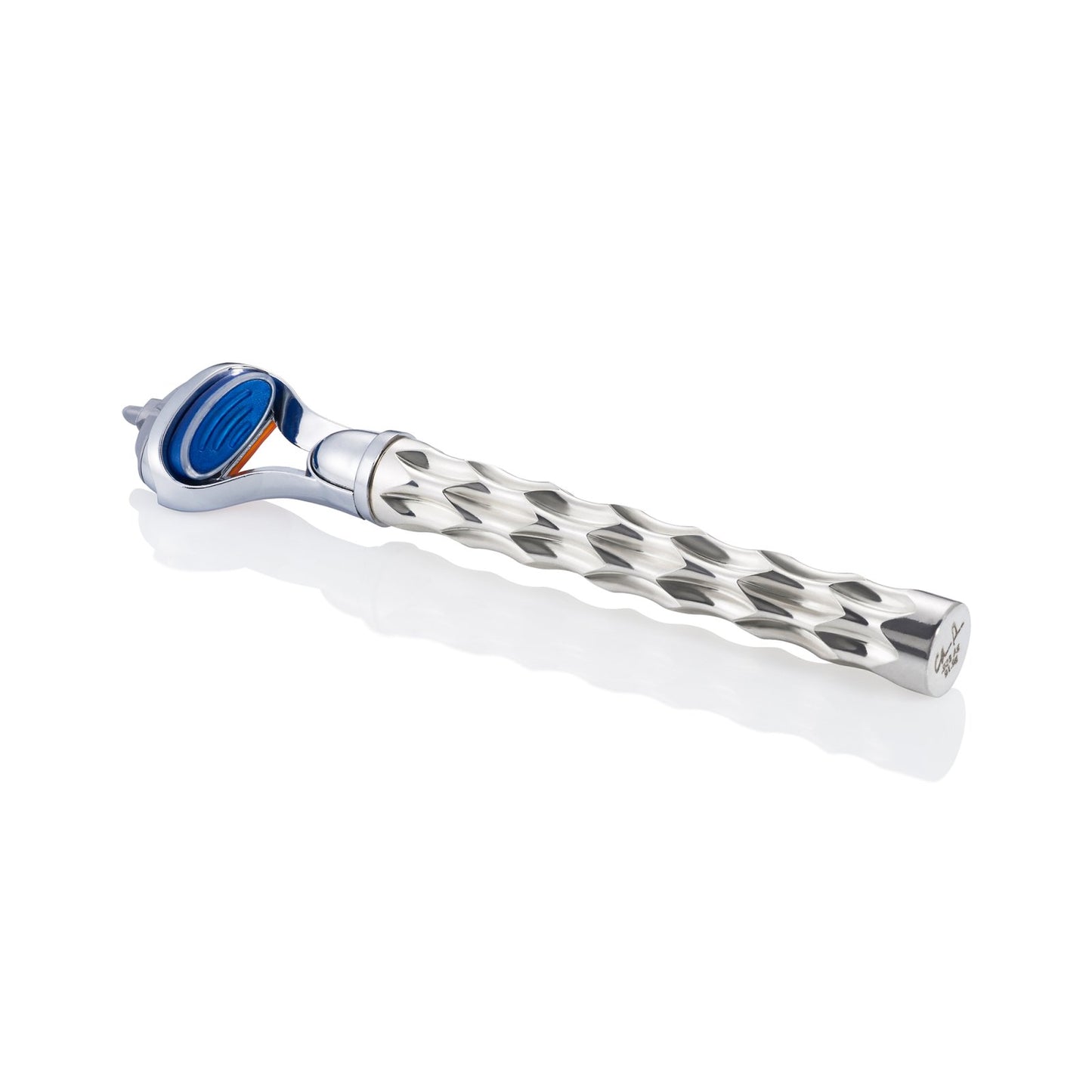 Silver safety razor with a textured handle and a blue razor head, on a white background.