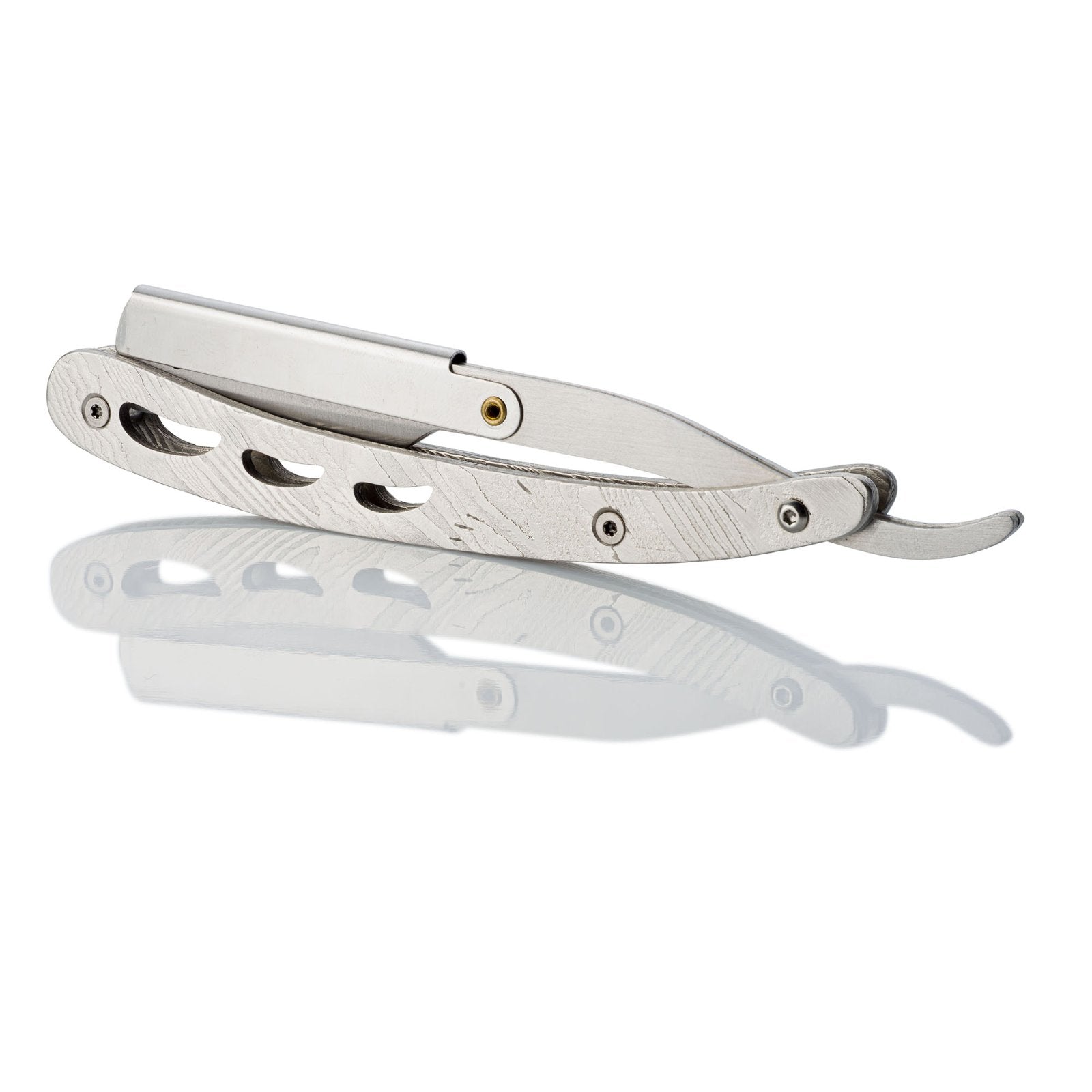 Stainless steel straight razor with a Damascus steel pattern on a white background.