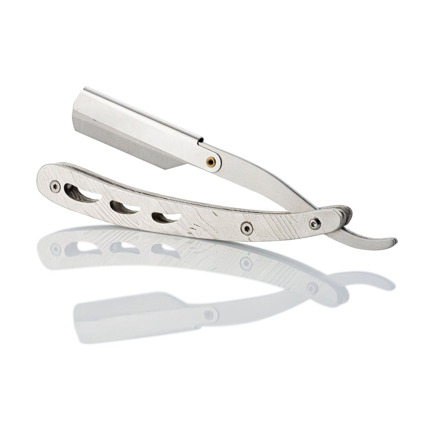 Stainless steel straight razor with a Damascus steel pattern on a white background.