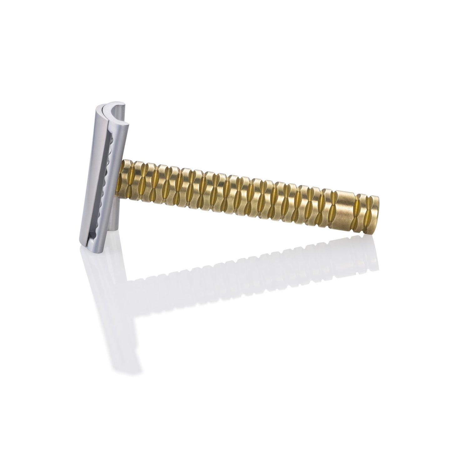 Razor with a textured gold handle and a silver-colored blade head, on a white background