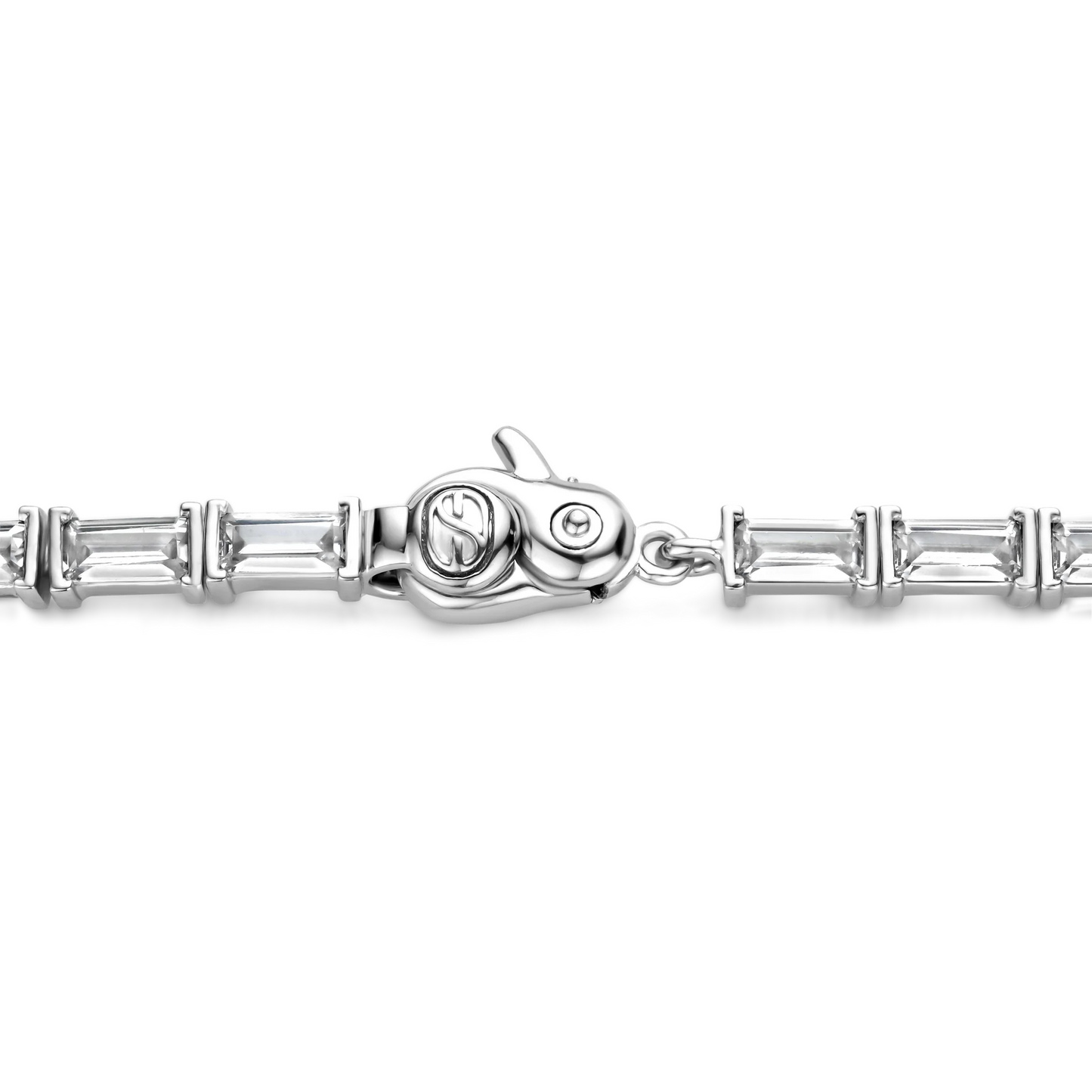 Silver bracelet with baguette-cut diamonds on a white background
