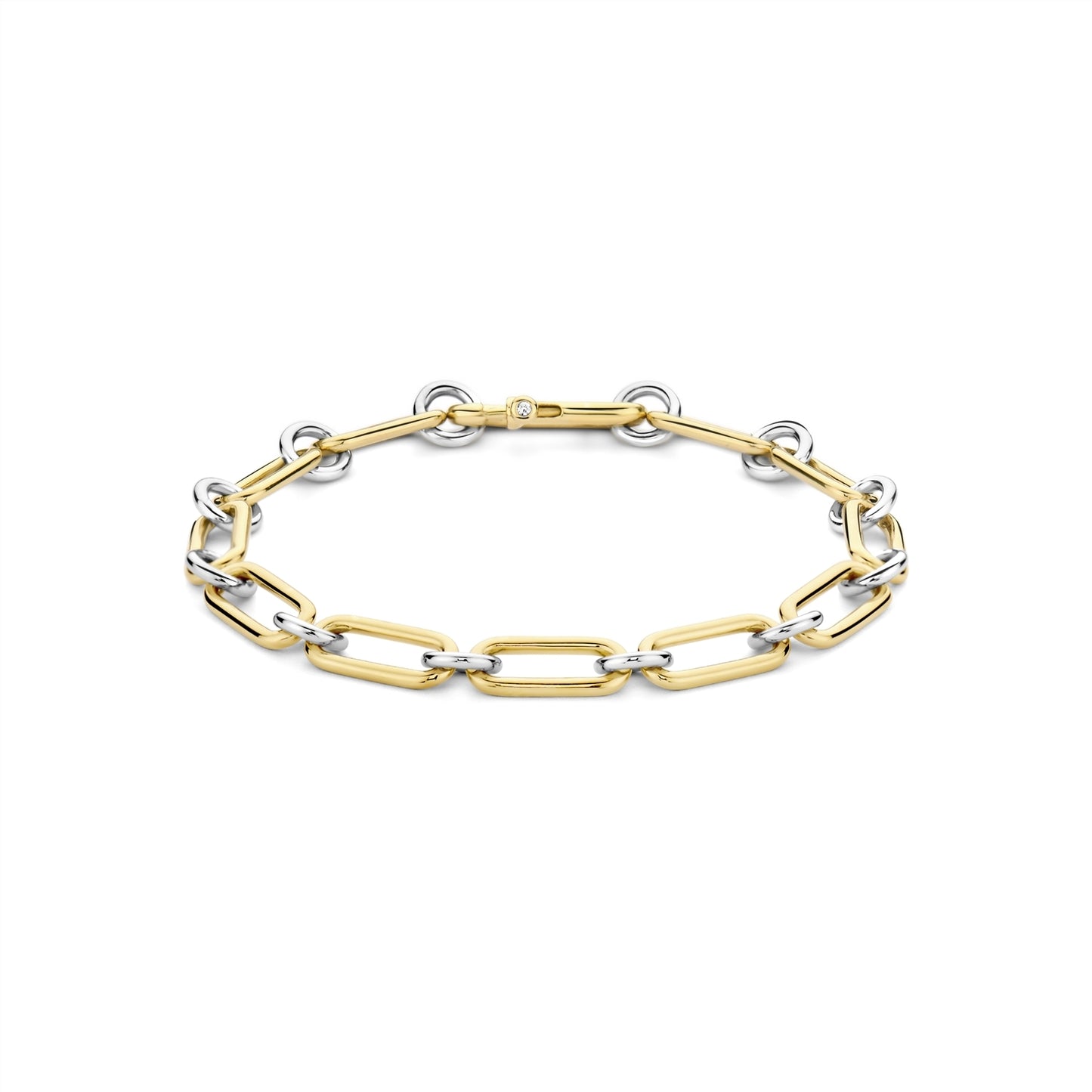 Two-tone gold and silver bracelet on a white background
