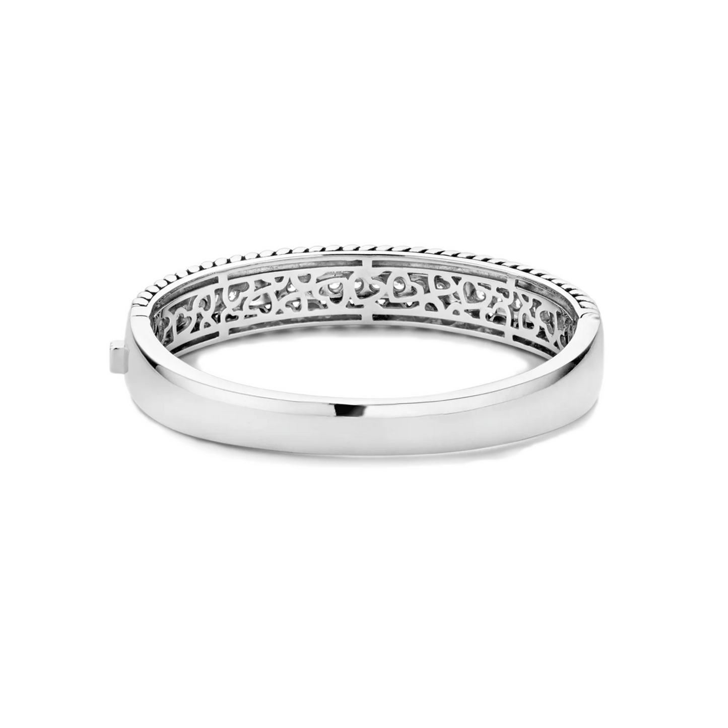 Silver bracelet with intricate design on a white background