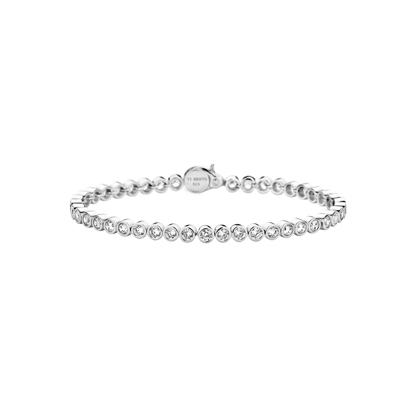 Silver bracelet with clear stones on a white background