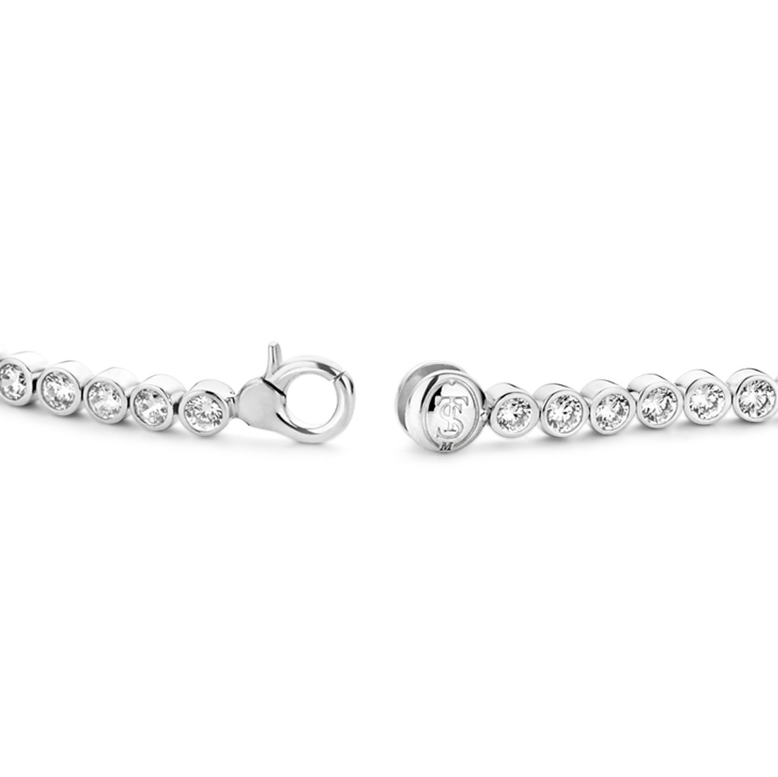 Silver bracelet with clear gemstones on a white background