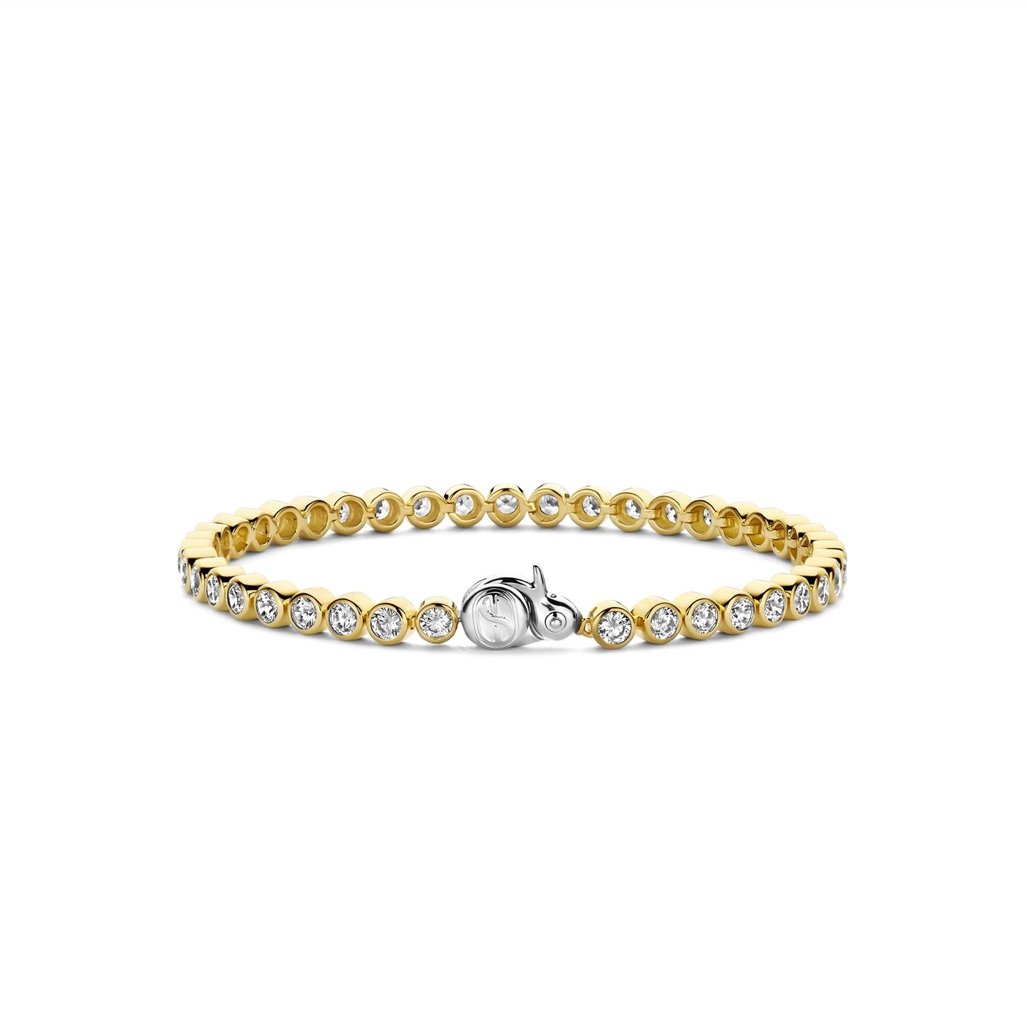 Gold bracelet with clear stones on a white background