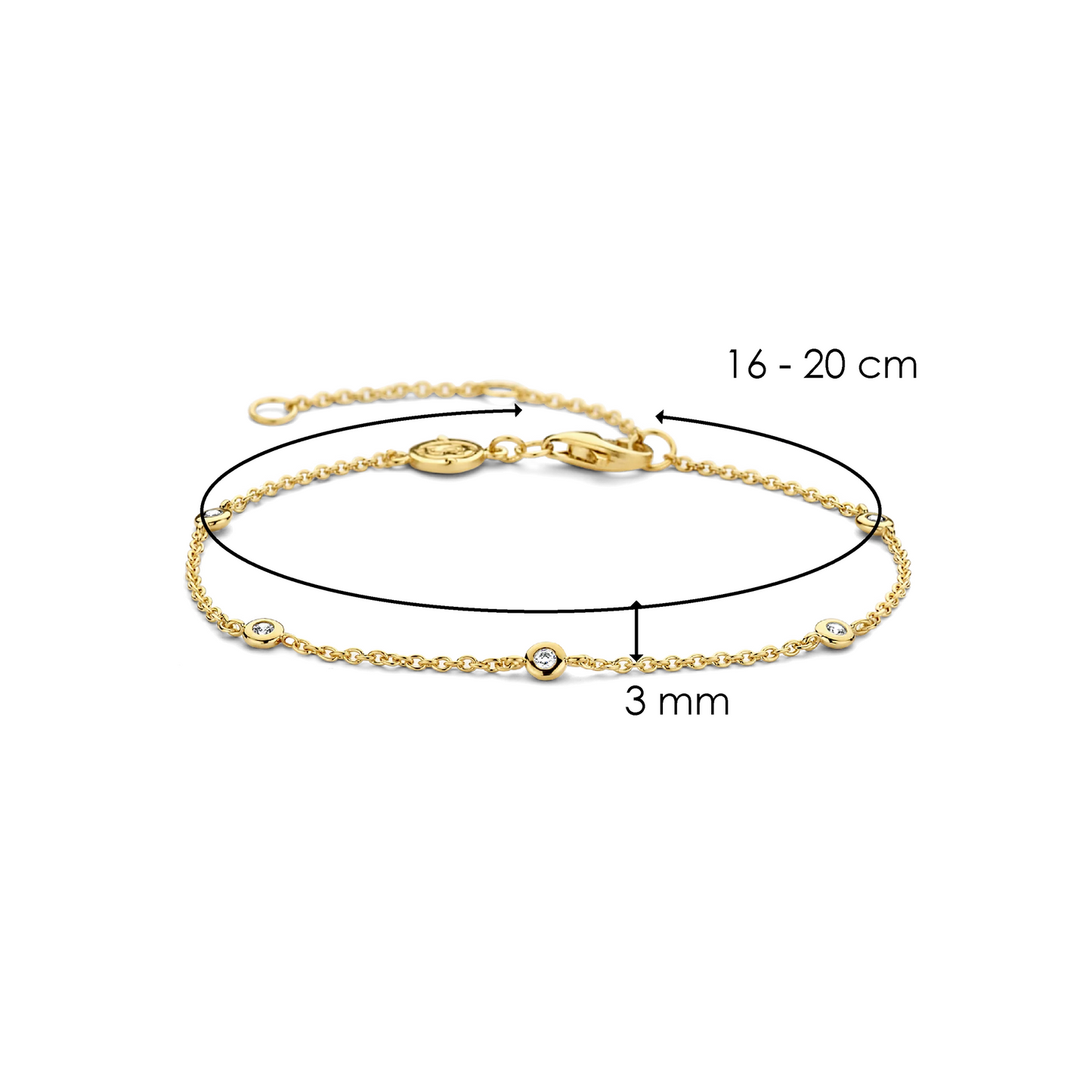 Gold bracelet with measurements on a white background