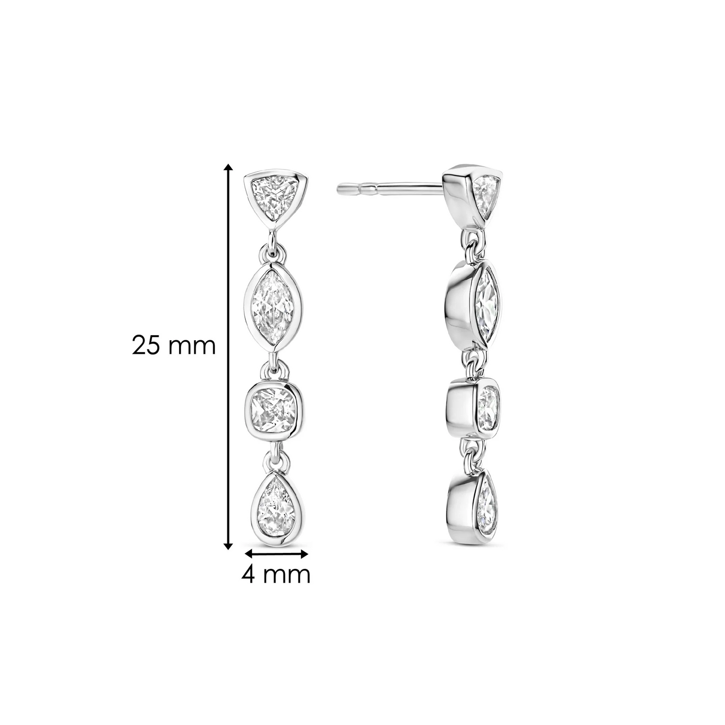 Silver earrings with clear stones, shown with measurements on a white background