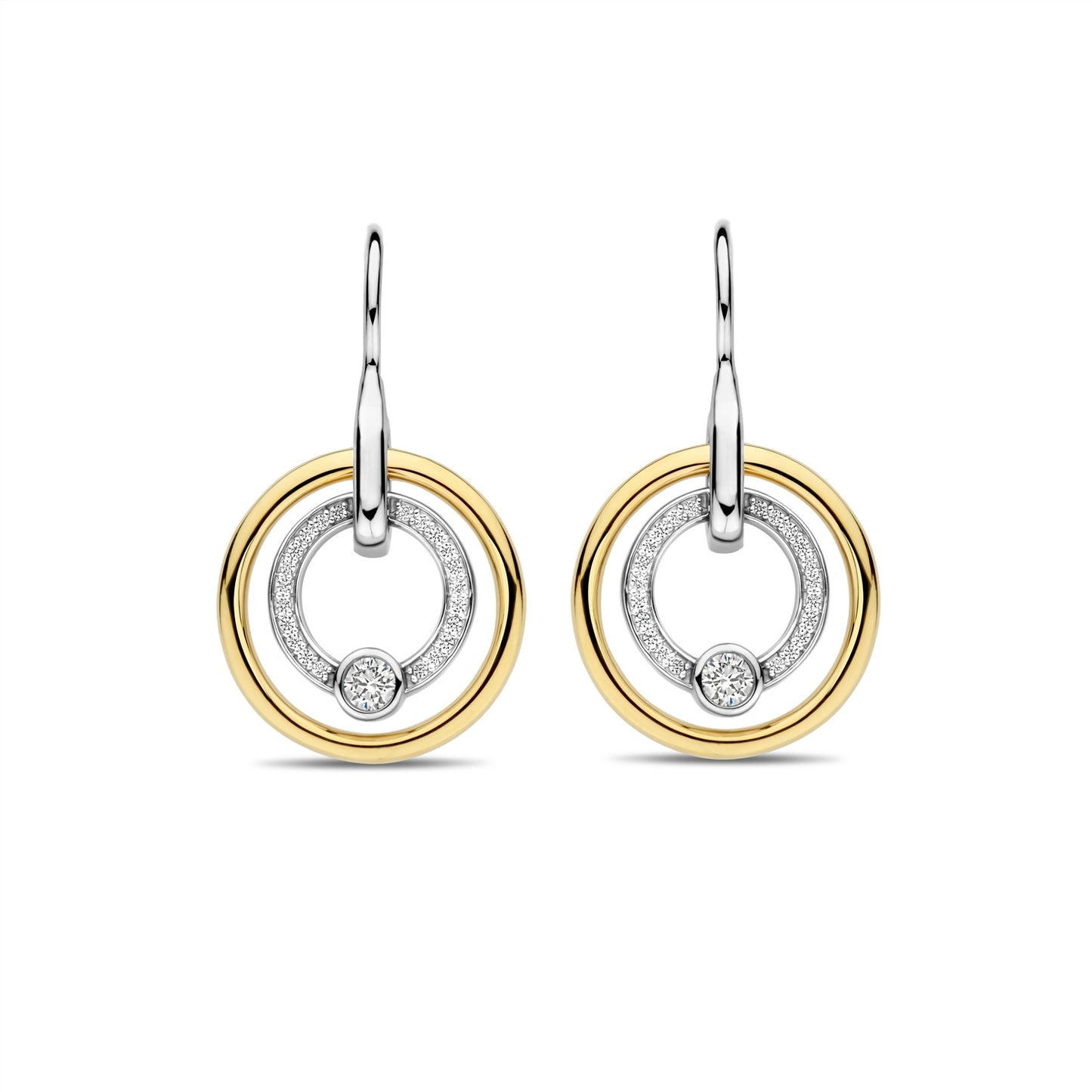 Pair of gold and silver hoop earrings on a white background