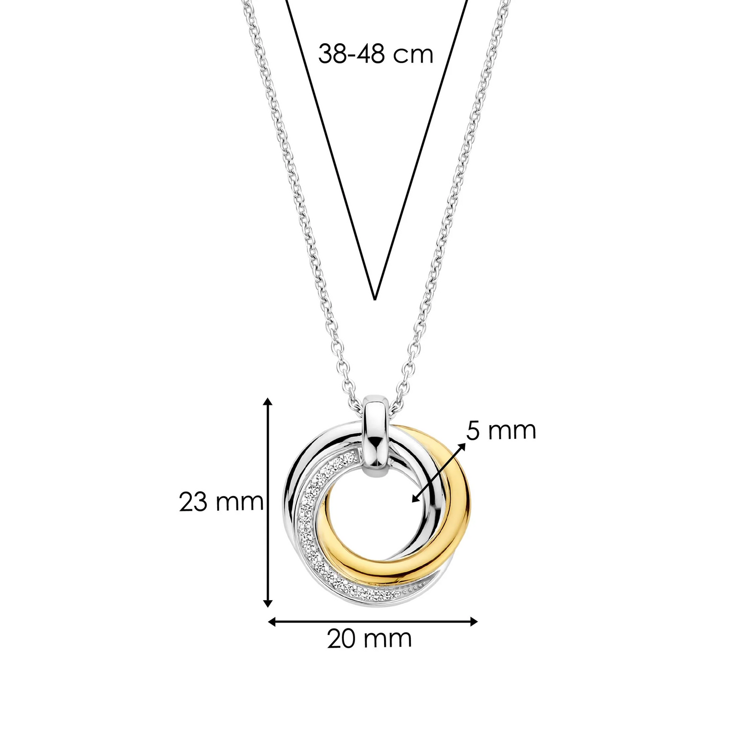 Jewelry necklace with interlocking rings, gold and silver, shown with measurements on a white background.