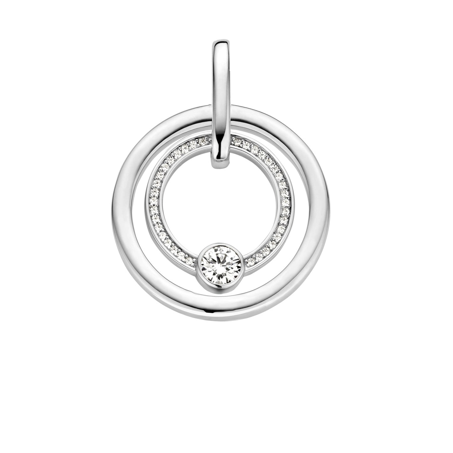 Silver pendant with interlocking rings and embedded stones on a white background