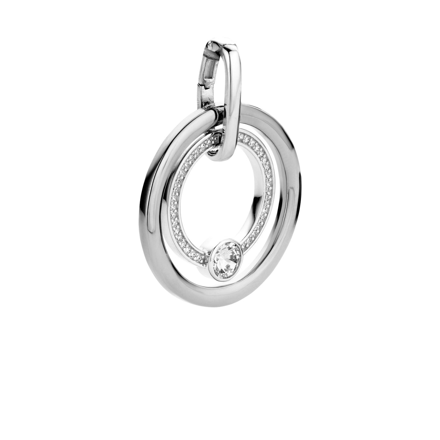 Silver ring with a central gemstone on a white background