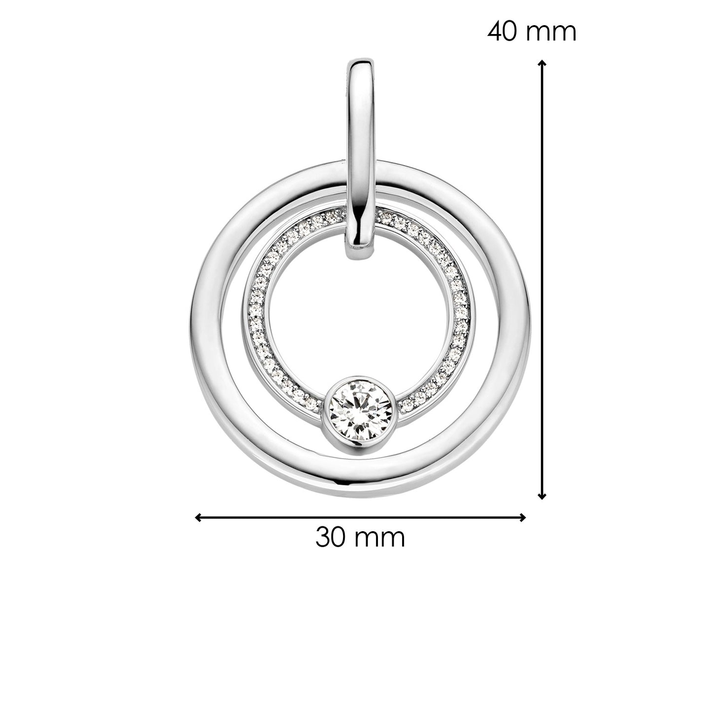 Silver pendant with circular design and embedded gemstone, shown with measurements on a white background.