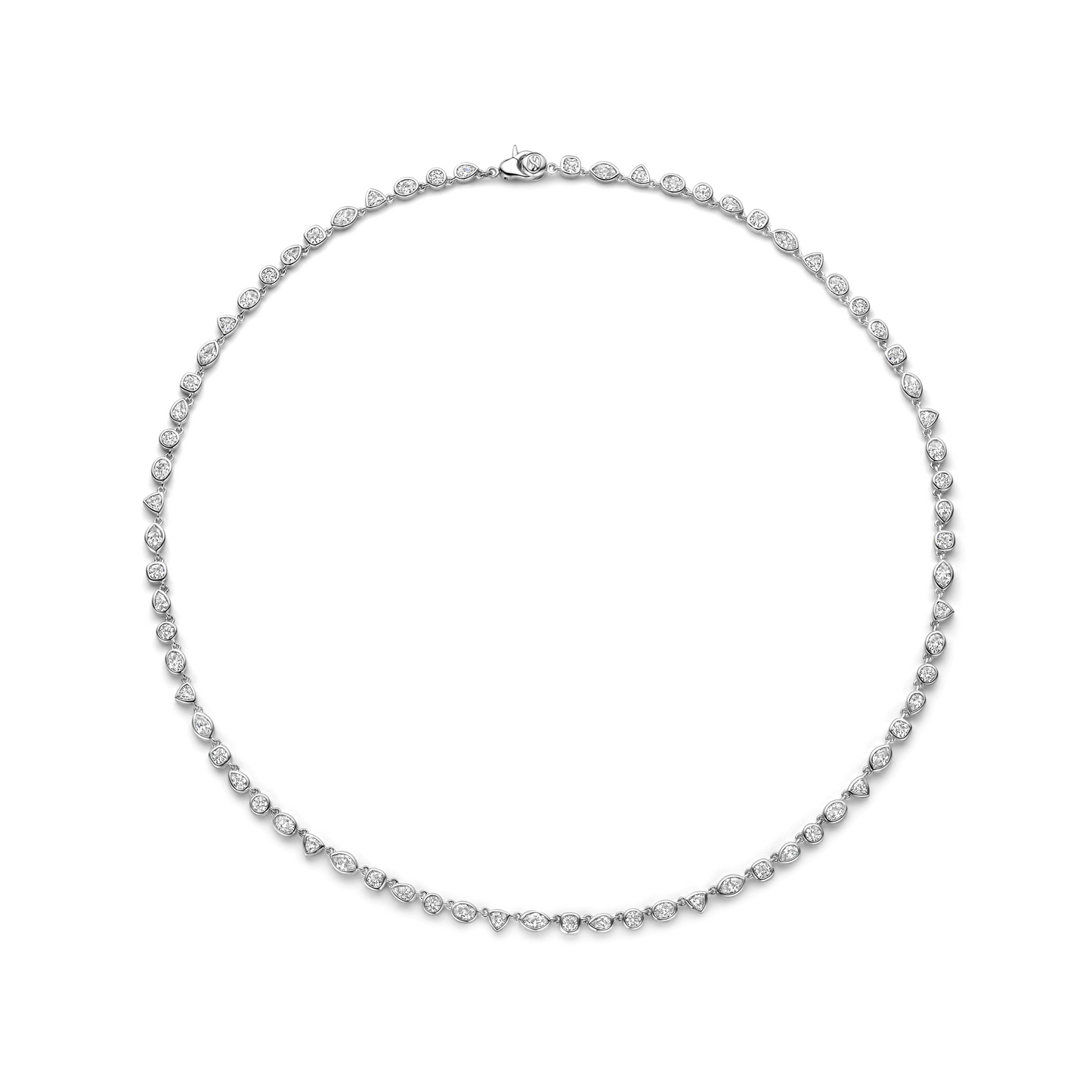 Silver necklace with small round beads on a white background