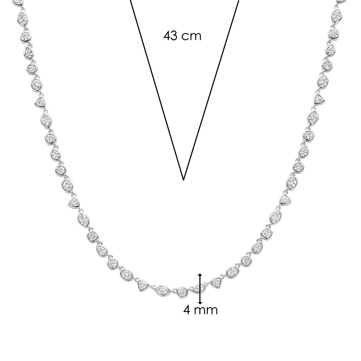 Diamond necklace with measurements on a white background