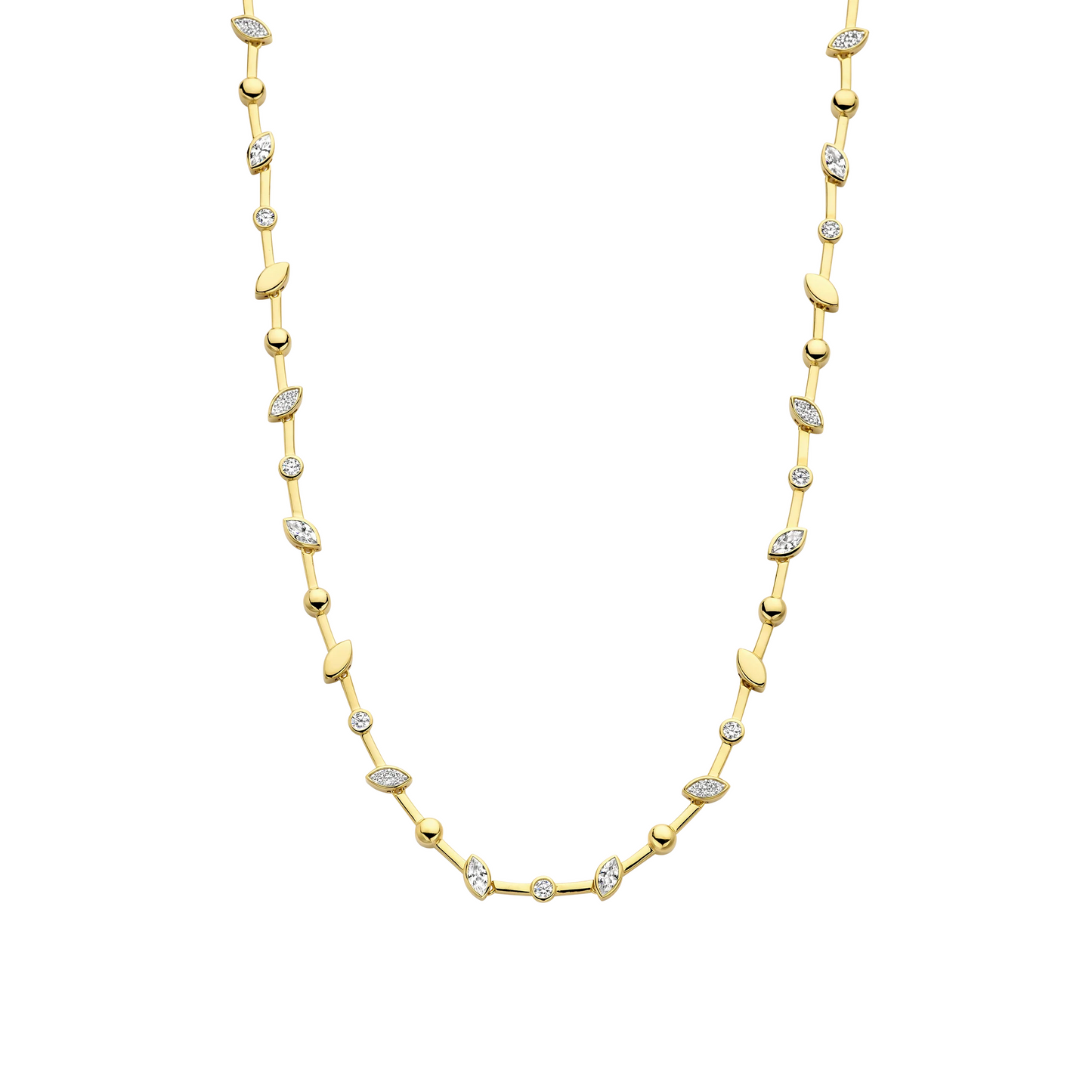 Gold necklace with diamond accents on a white background