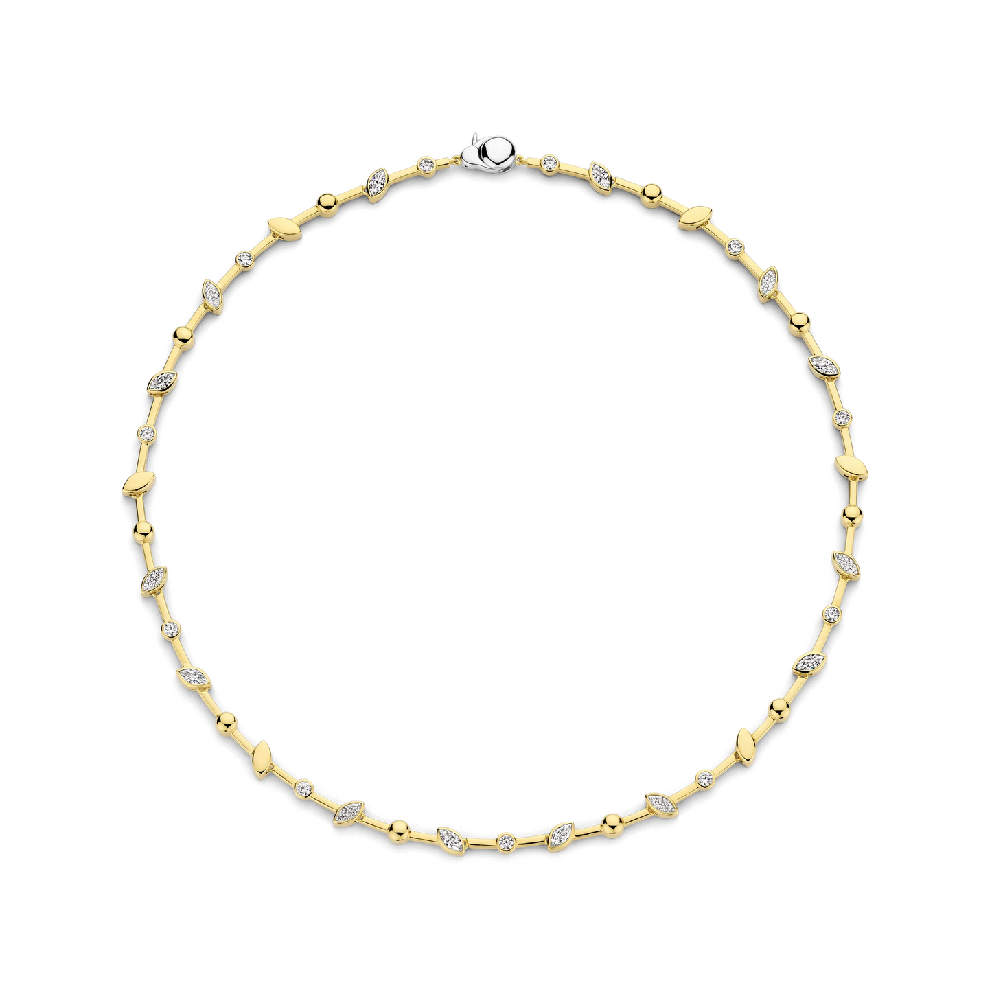 Gold and silver necklace with small diamonds on a white background