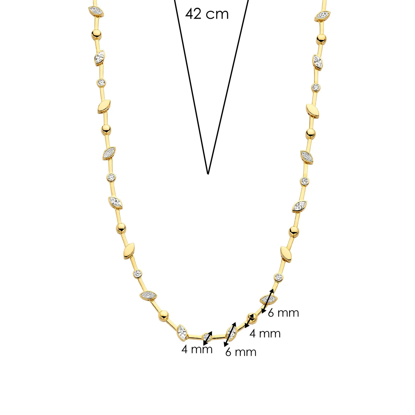 Gold necklace with diamond accents and measurements on a white background