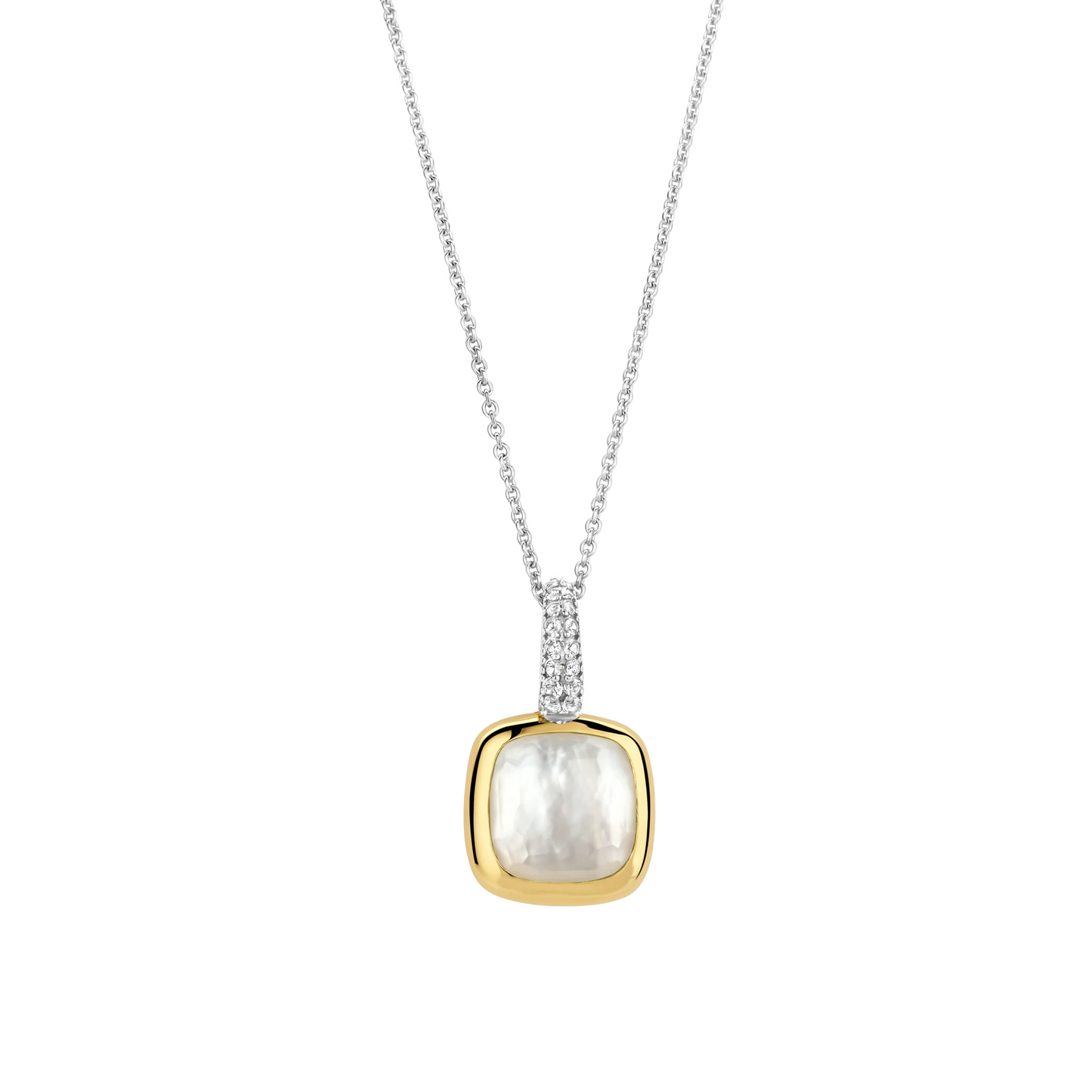 Necklace with a gold and silver pendant on a white background