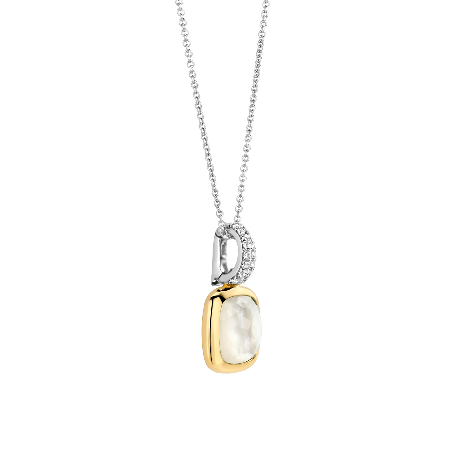 Gold and silver pendant necklace on a white background
