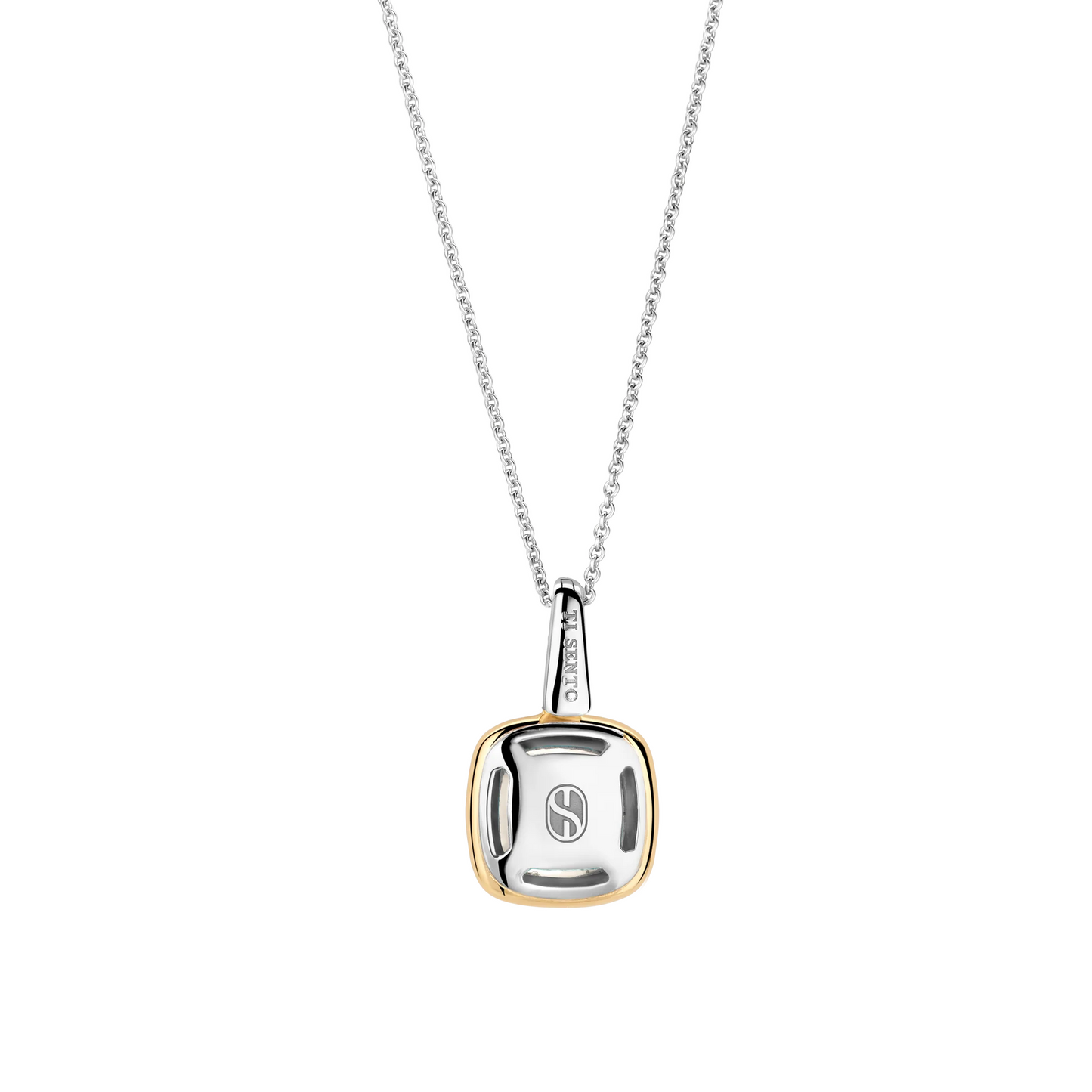 Silver necklace with a gold and silver pendant on a white background