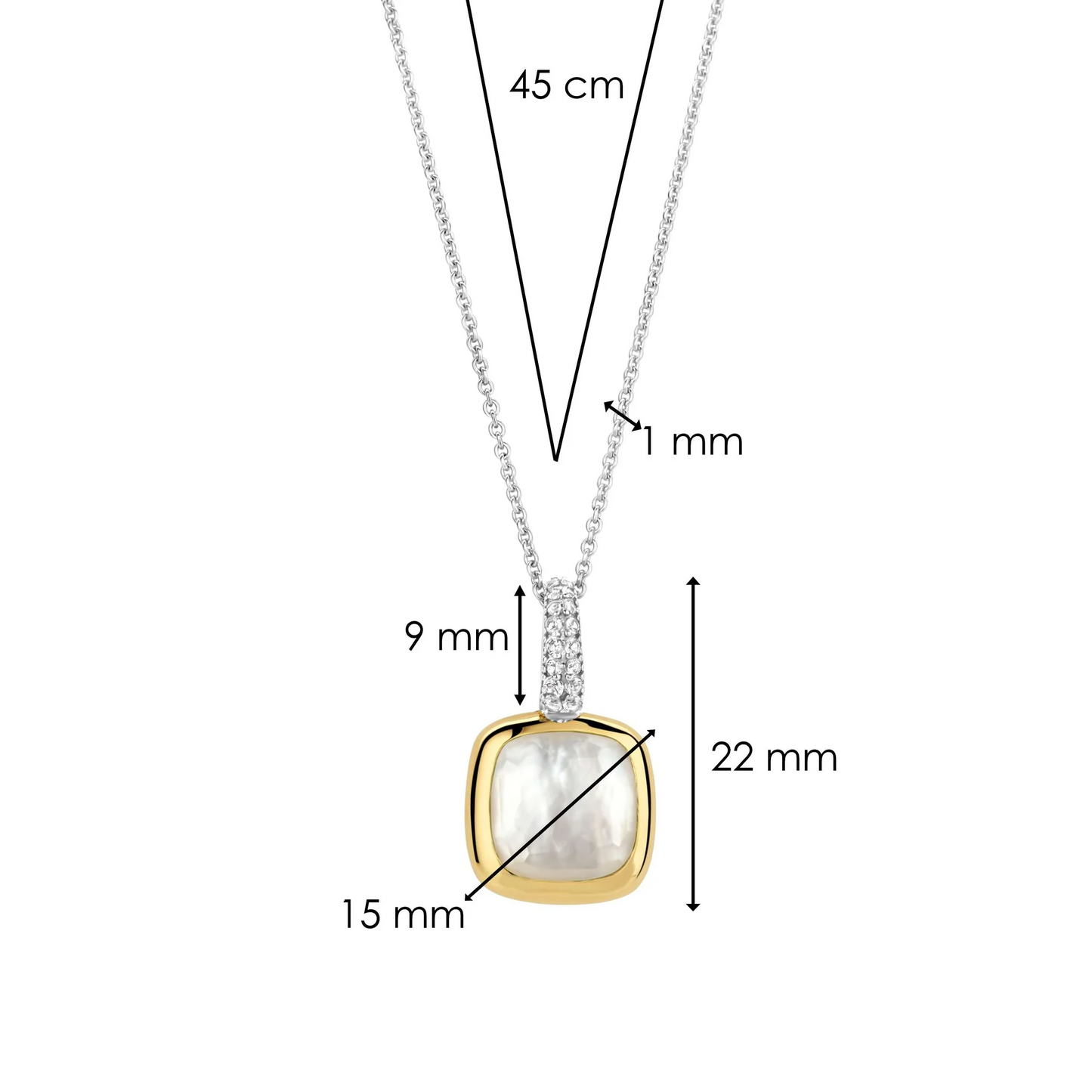 Gold pendant necklace with measurements on a white background
