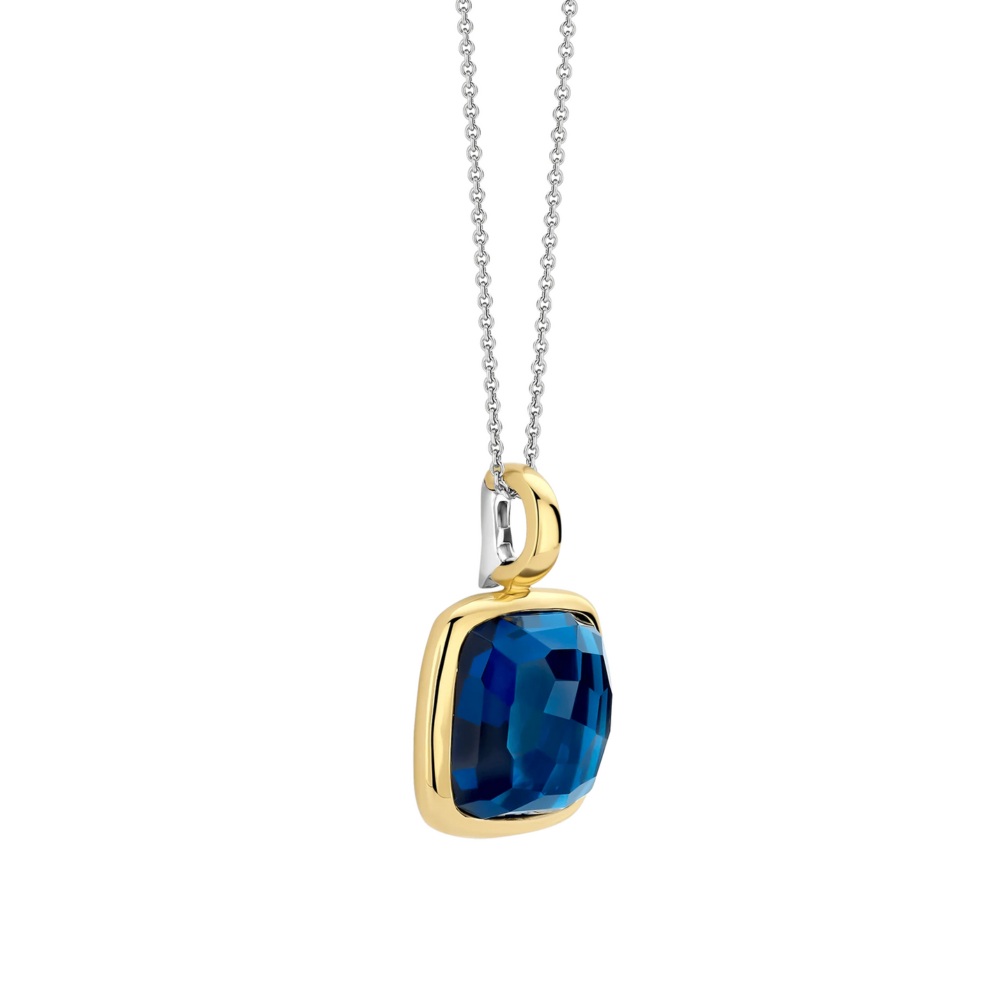 Gold pendant with a blue gemstone on a white background