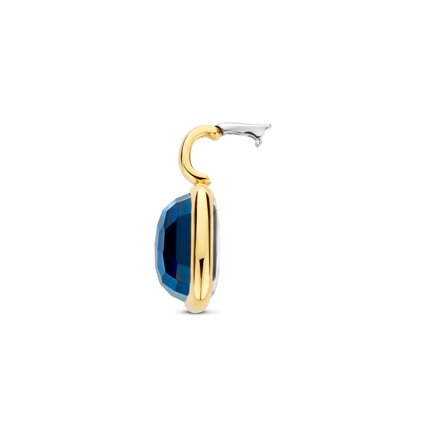Gold and silver earring with blue gemstone on a white background