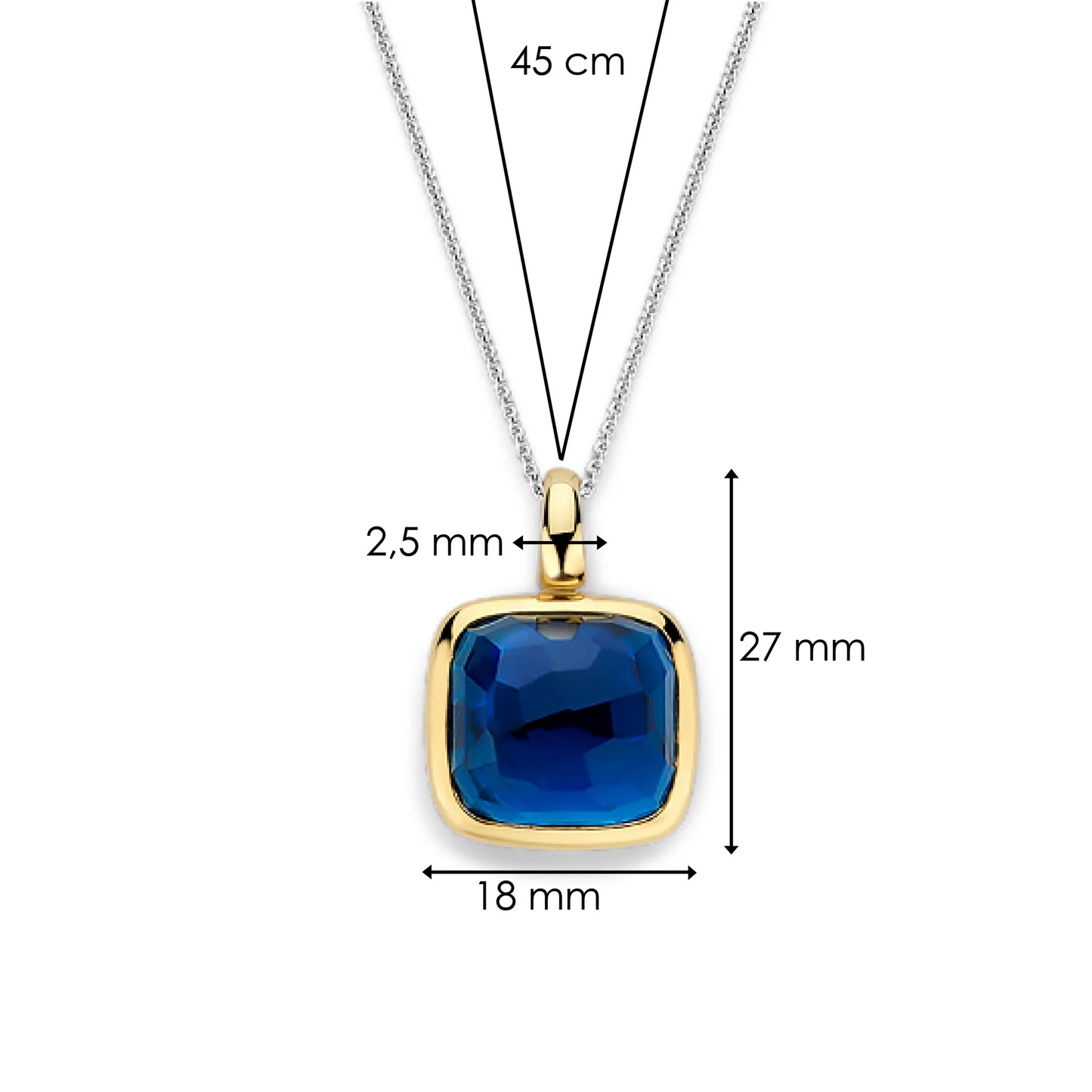 Gold necklace with a blue pendant, shown with measurements on a white background