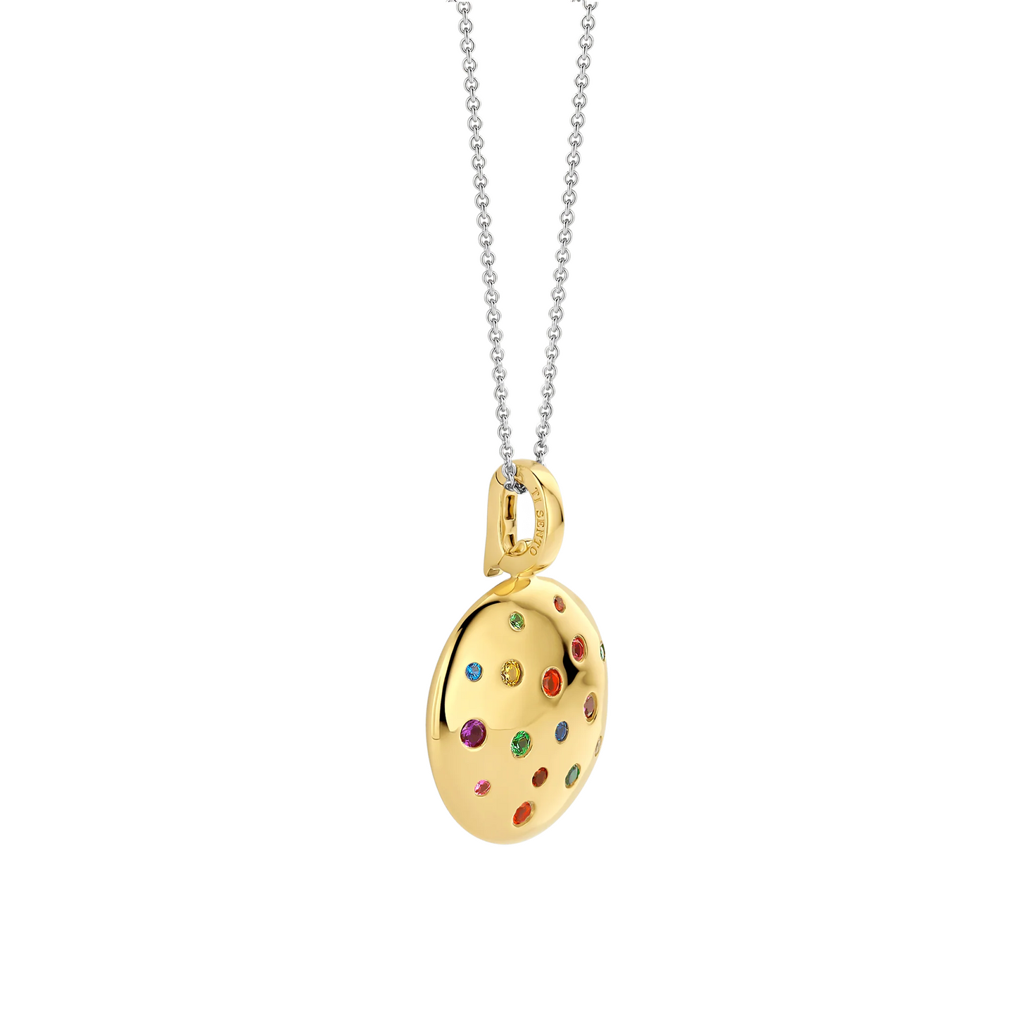 Gold locket with colorful stones on a white background
