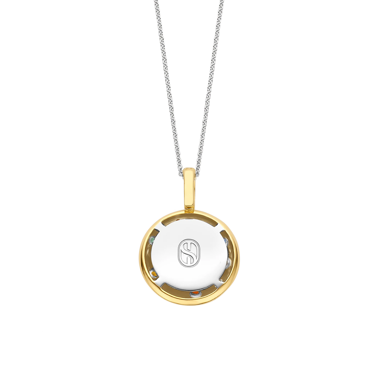 Gold pendant with a white center on a white background