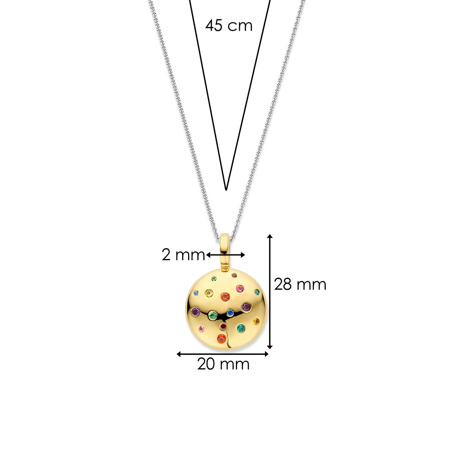 Gold pendant with colorful stones on a white background with measurements