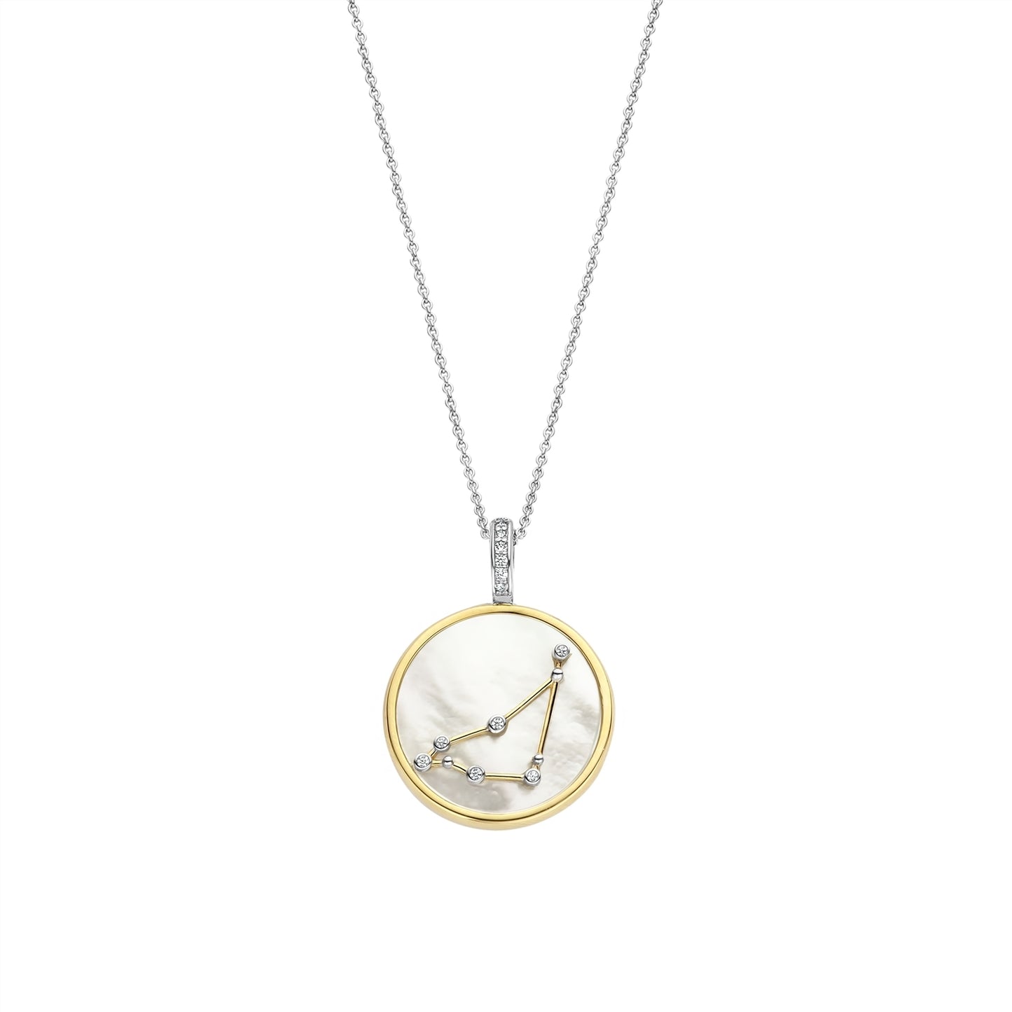 Necklace with a round pendant featuring a capricorn sign on a gold border and white stone on a white background